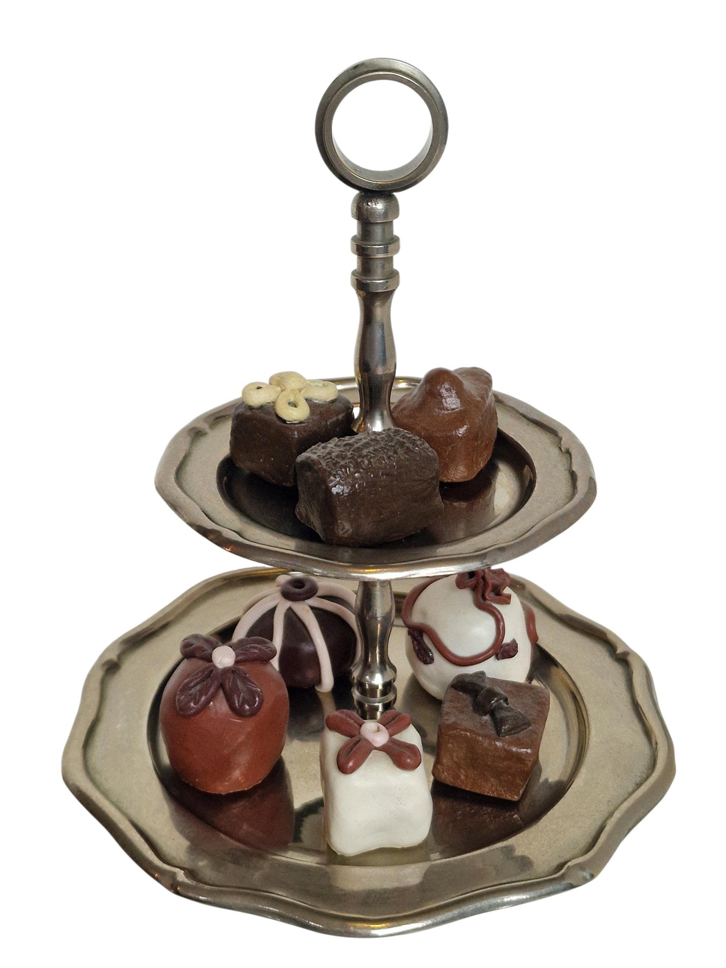 Vintage Pewter Two-Tier Server with Faux Chocolates, Shabby Chic