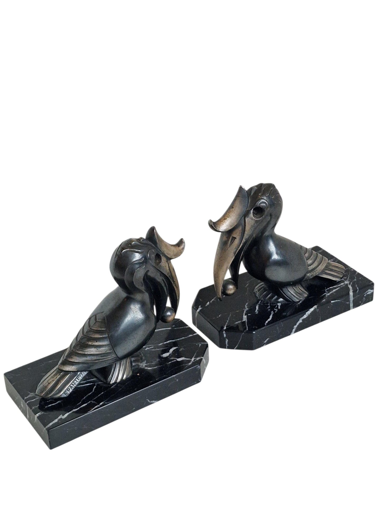 Signed Maurice Frecourt Bronze Toucan Bookends - French Kubism Antique Pair