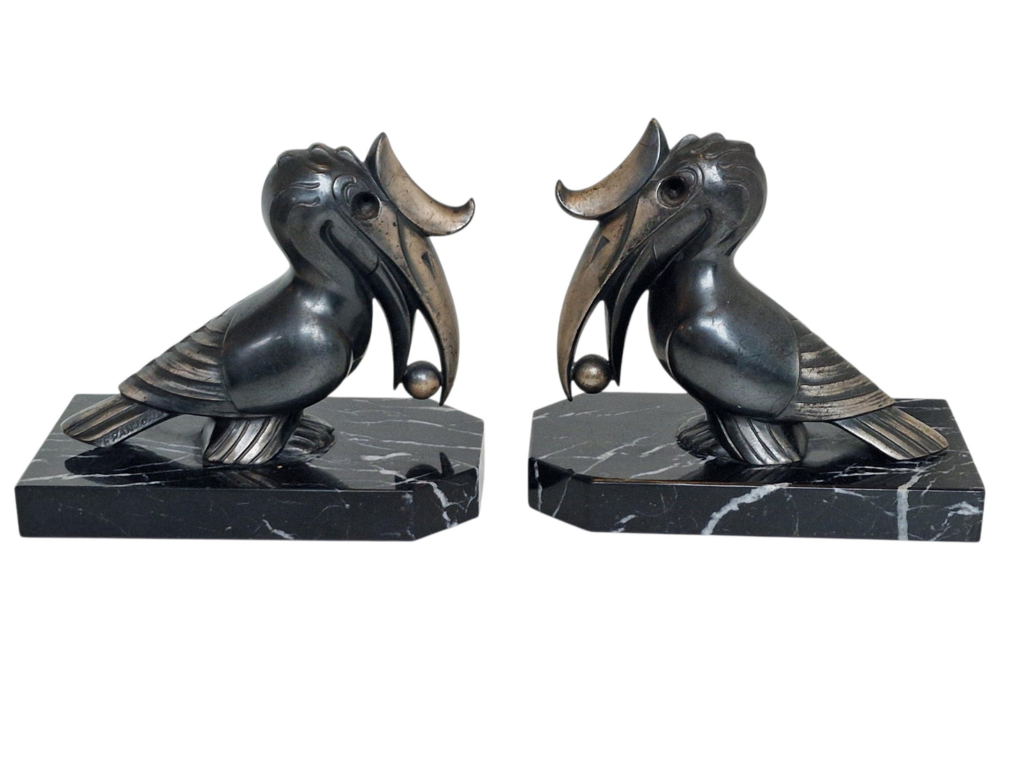 Signed Maurice Frecourt Bronze Toucan Bookends - French Kubism Antique Pair