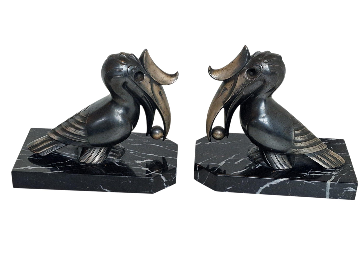 Signed Maurice Frecourt Bronze Toucan Bookends - French Kubism Antique Pair