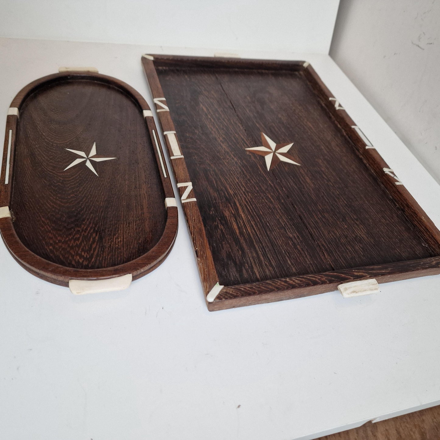 Handmade Intarsia Wood Serving Tray Set, Marquetry Mosaic Inlay