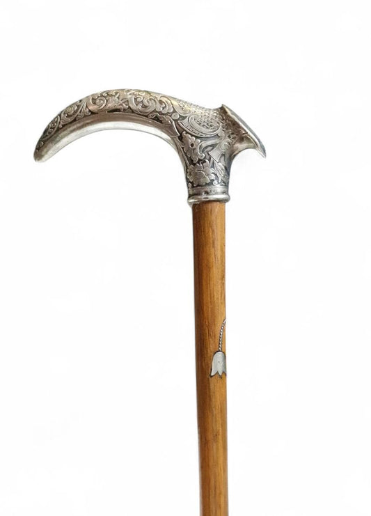 Antique Engraved Silver Walking Cane, Antwerp Belgium