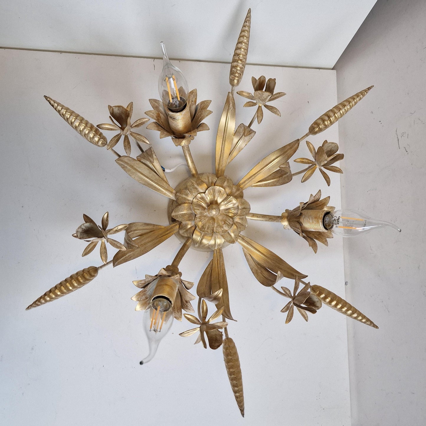 Gold Gilt Corn Lustre Ceiling Chandelier, Hans Kögl, 1960s Hollywood Regency