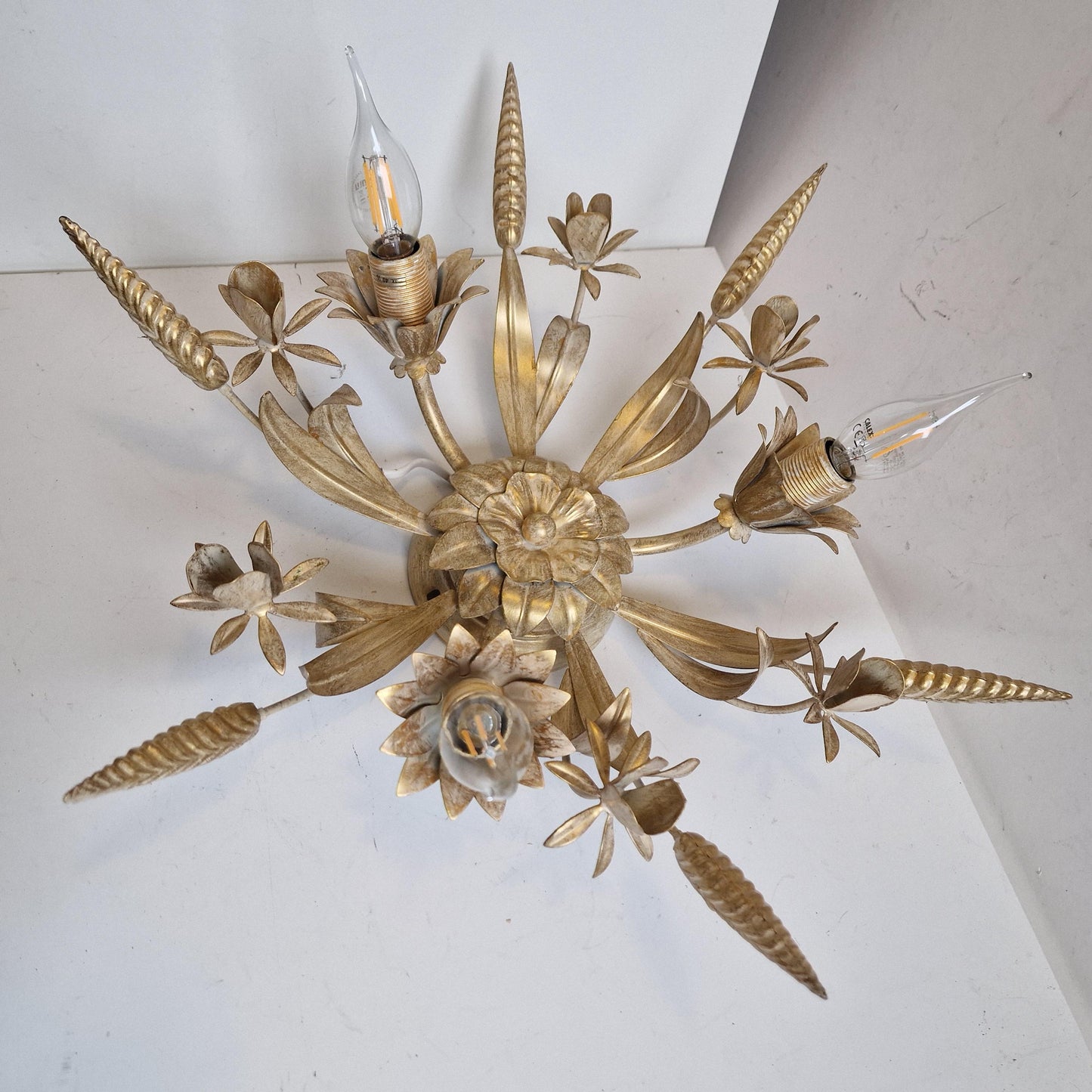 Gold Gilt Corn Lustre Ceiling Chandelier, Hans Kögl, 1960s Hollywood Regency