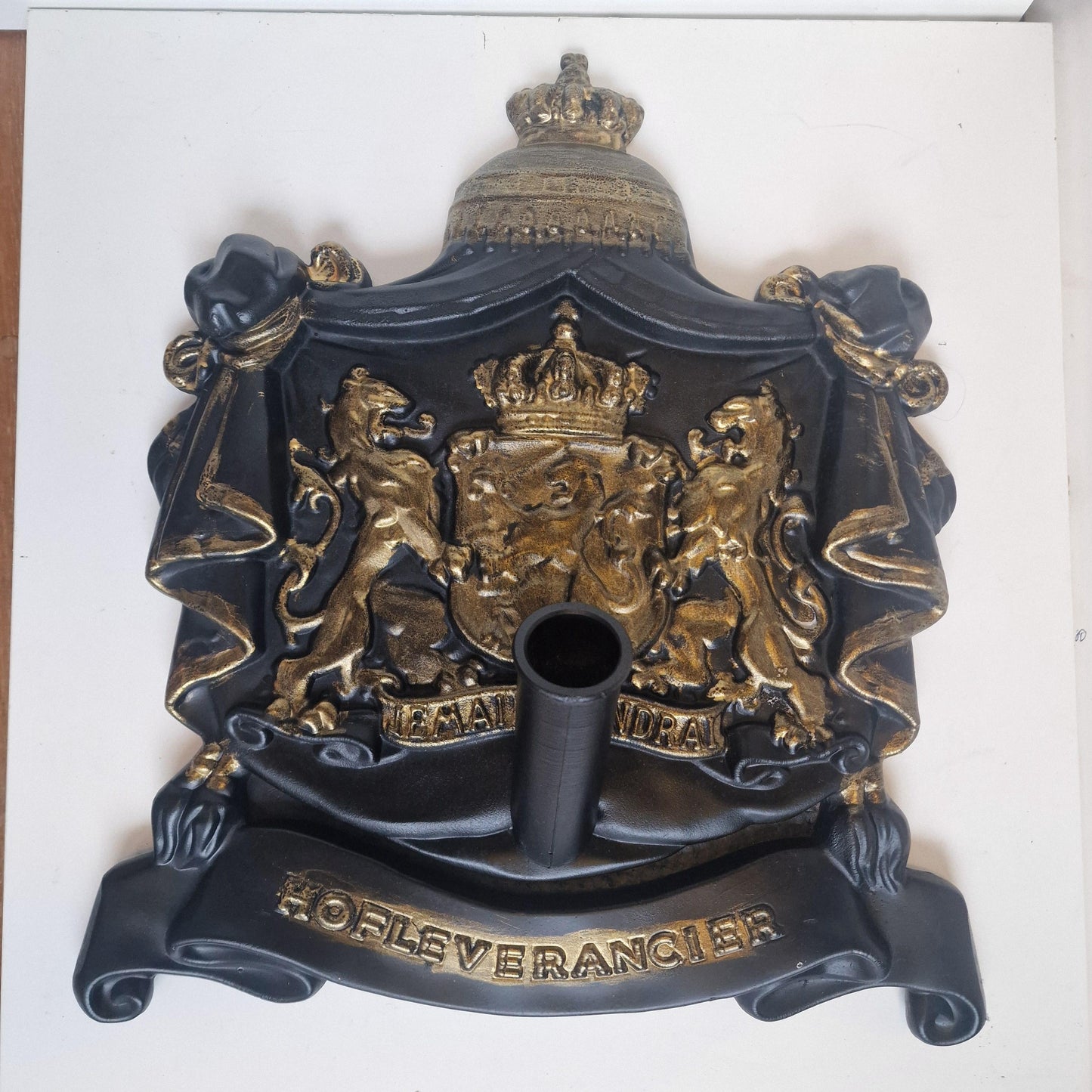 Cast Iron Flagpole Holder, Dutch Royal Coat of Arms, Architectural Detail