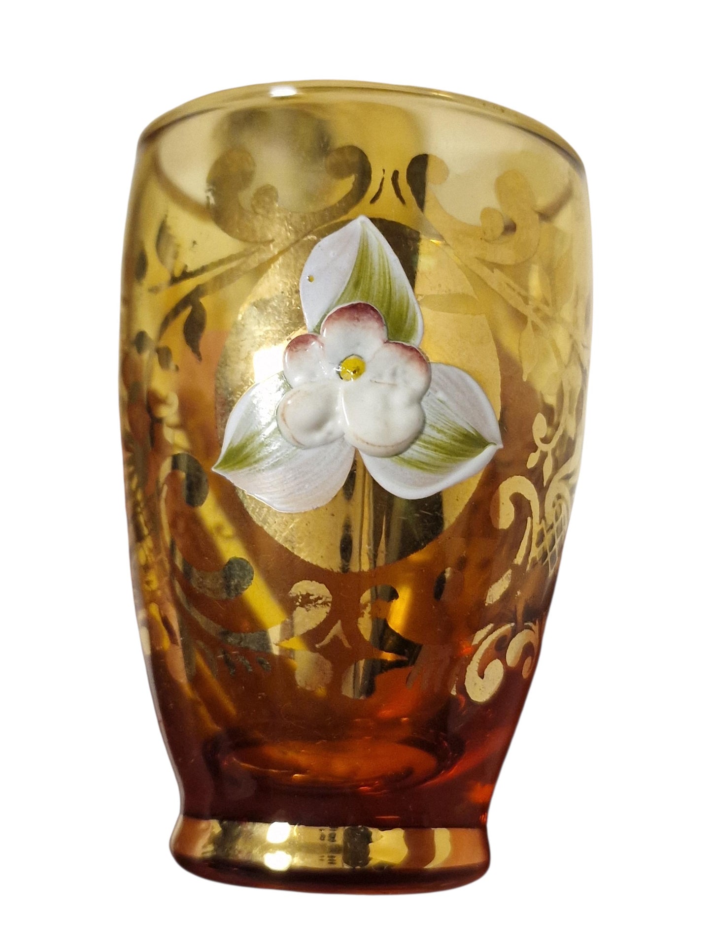 Murano Amber Decanter Set, 24K Gold Floral Liquor Carafe, Mid-Century Italian Glass