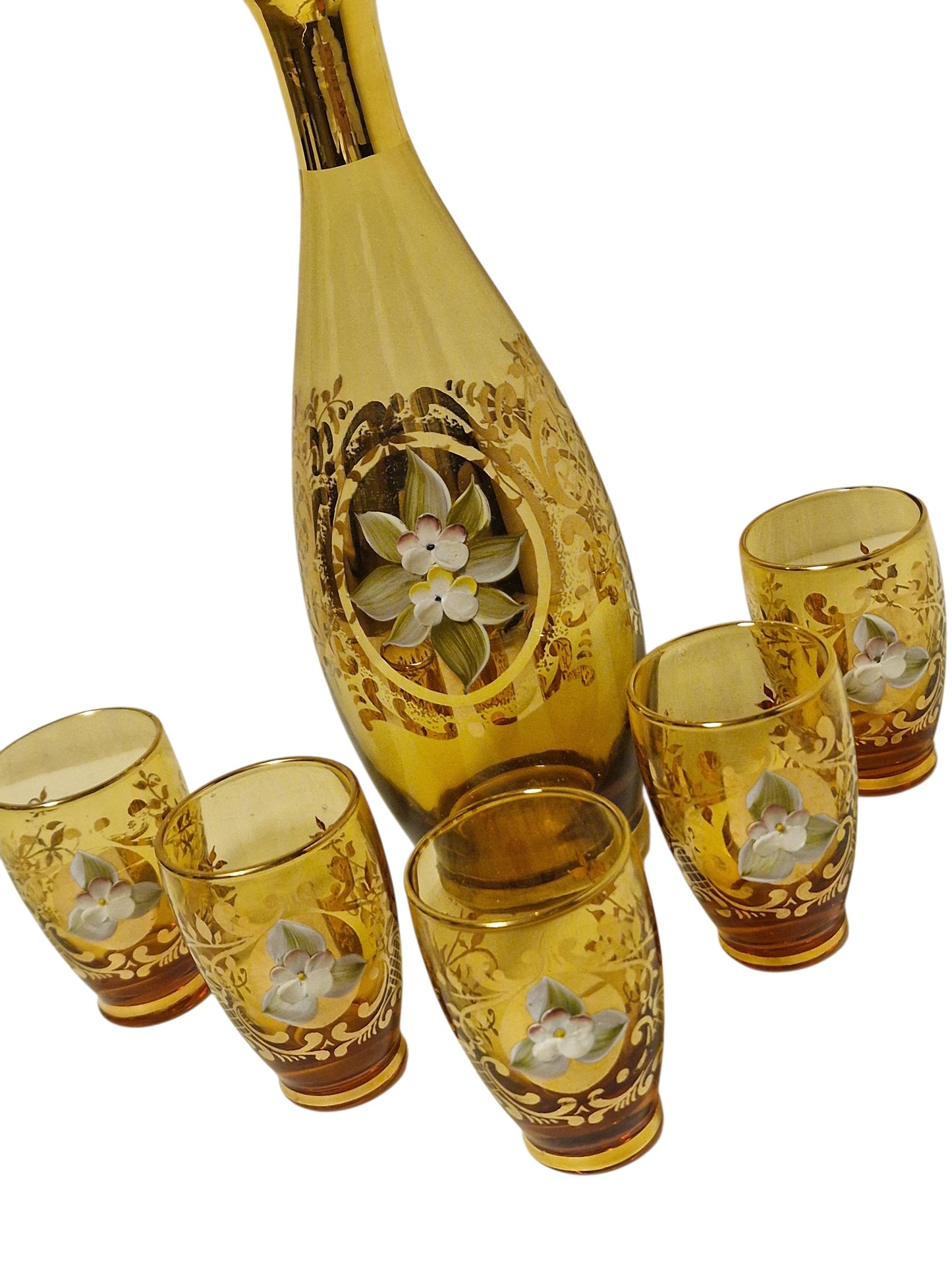 Murano Amber Decanter Set, 24K Gold Floral Liquor Carafe, Mid-Century Italian Glass