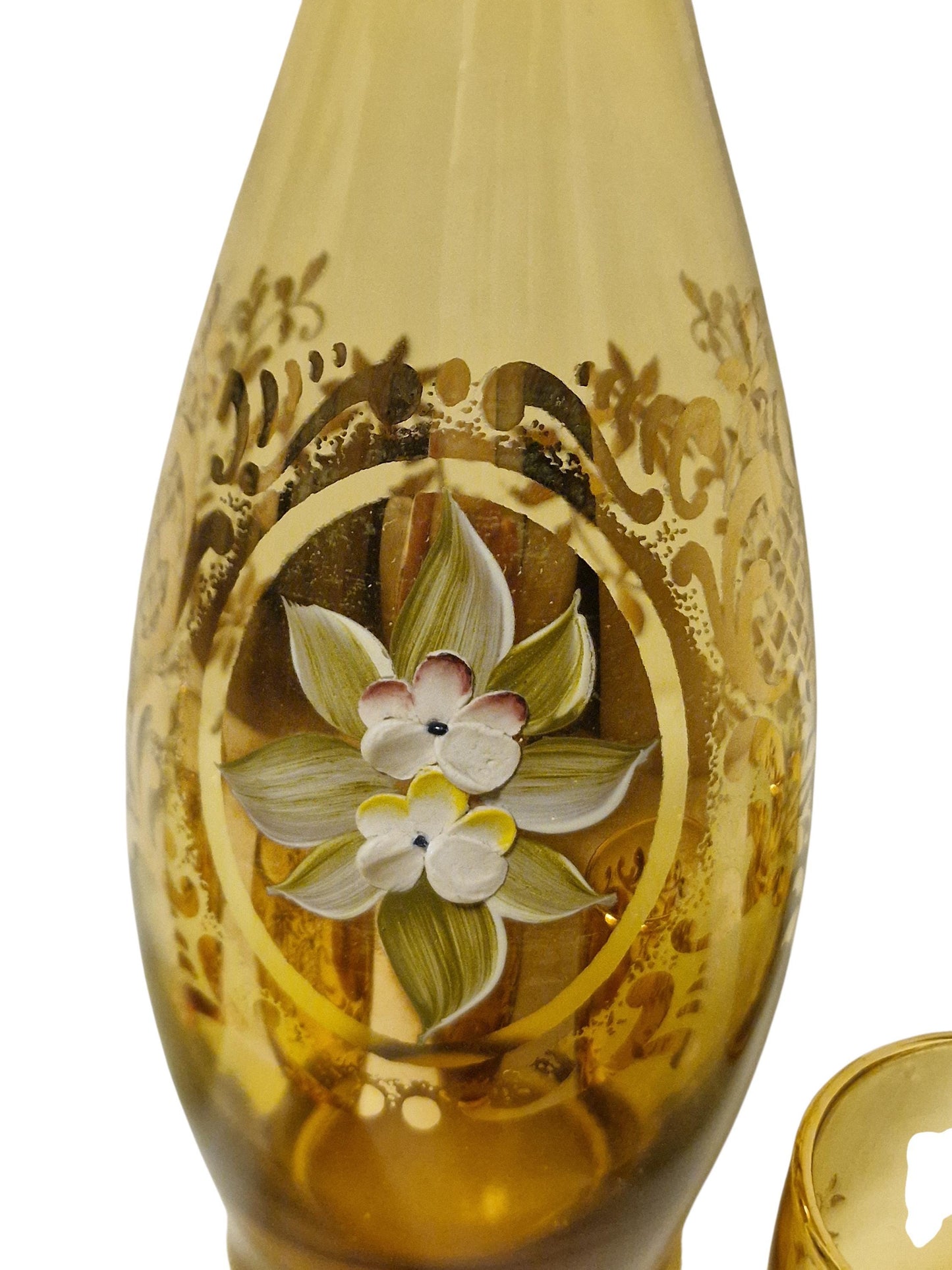 Murano Amber Decanter Set, 24K Gold Floral Liquor Carafe, Mid-Century Italian Glass