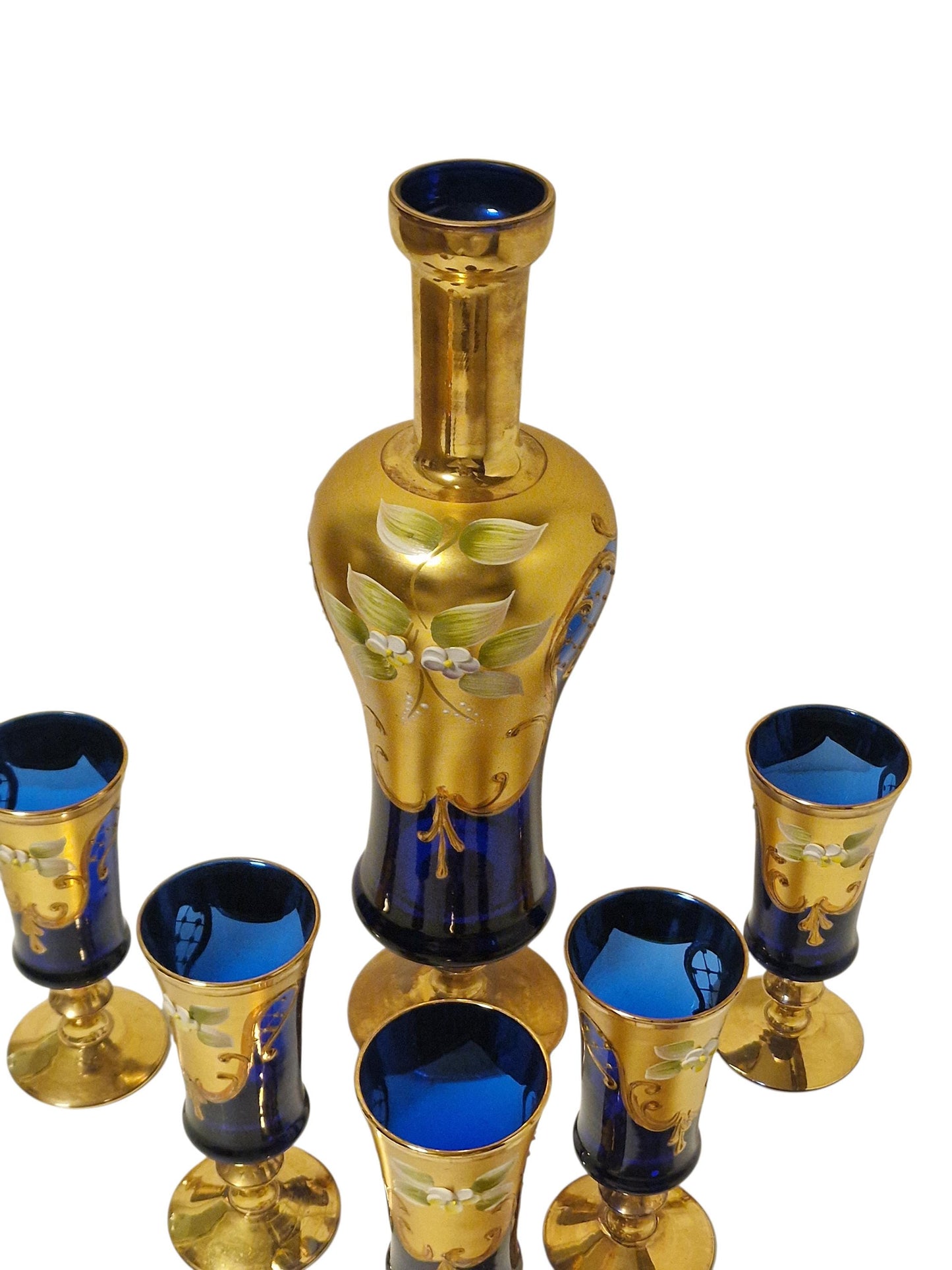 Murano Decanter & Sherry Glasses Set, 24K Gold Cobalt, Mid-Century Barware