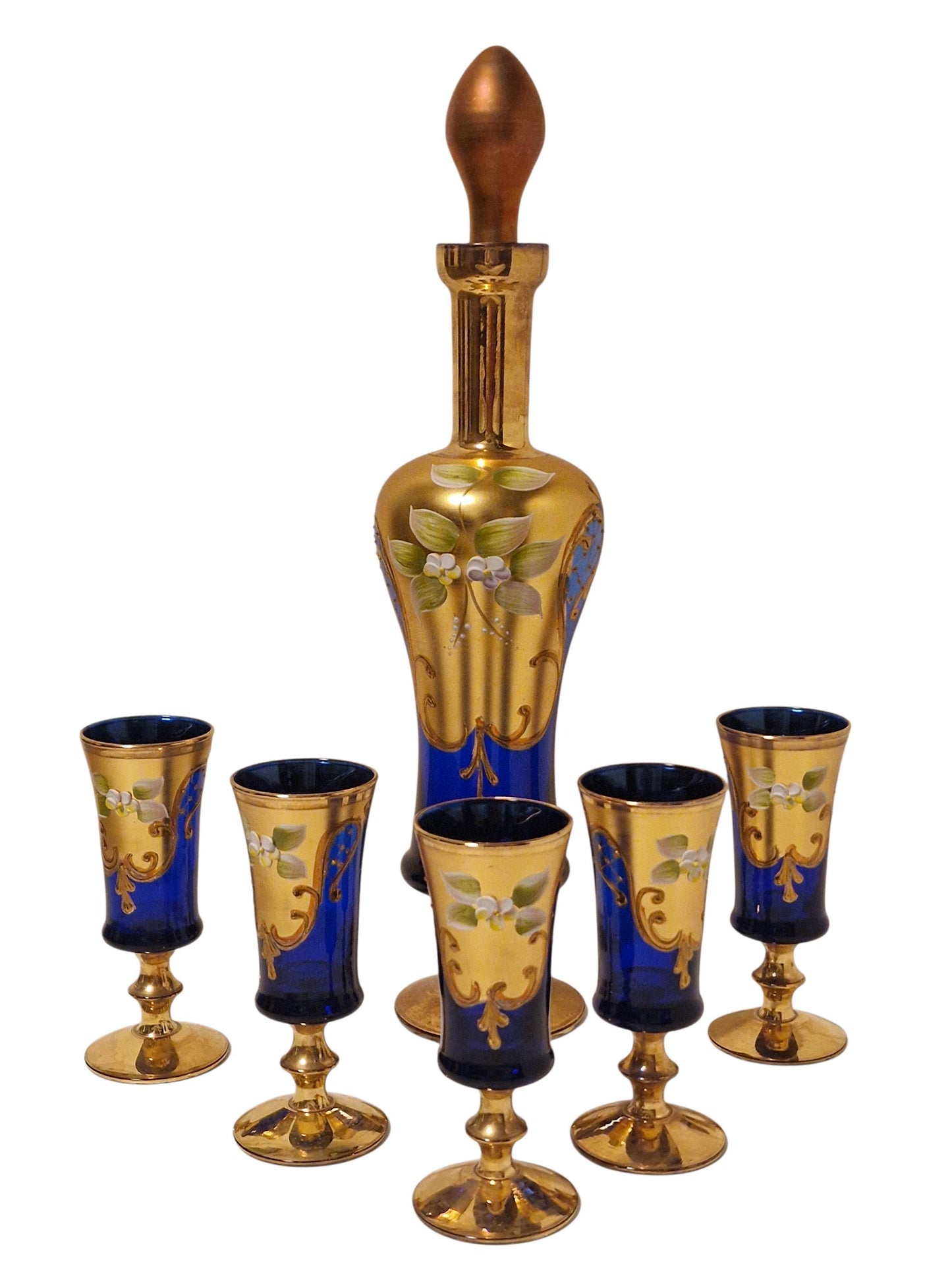Murano Decanter & Sherry Glasses Set, 24K Gold Cobalt, Mid-Century Barware