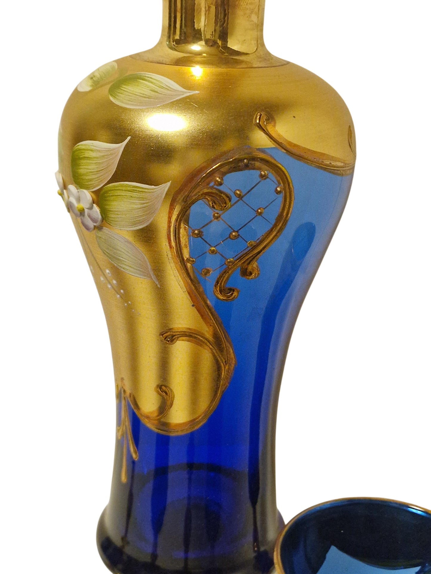 Murano Decanter & Sherry Glasses Set, 24K Gold Cobalt, Mid-Century Barware