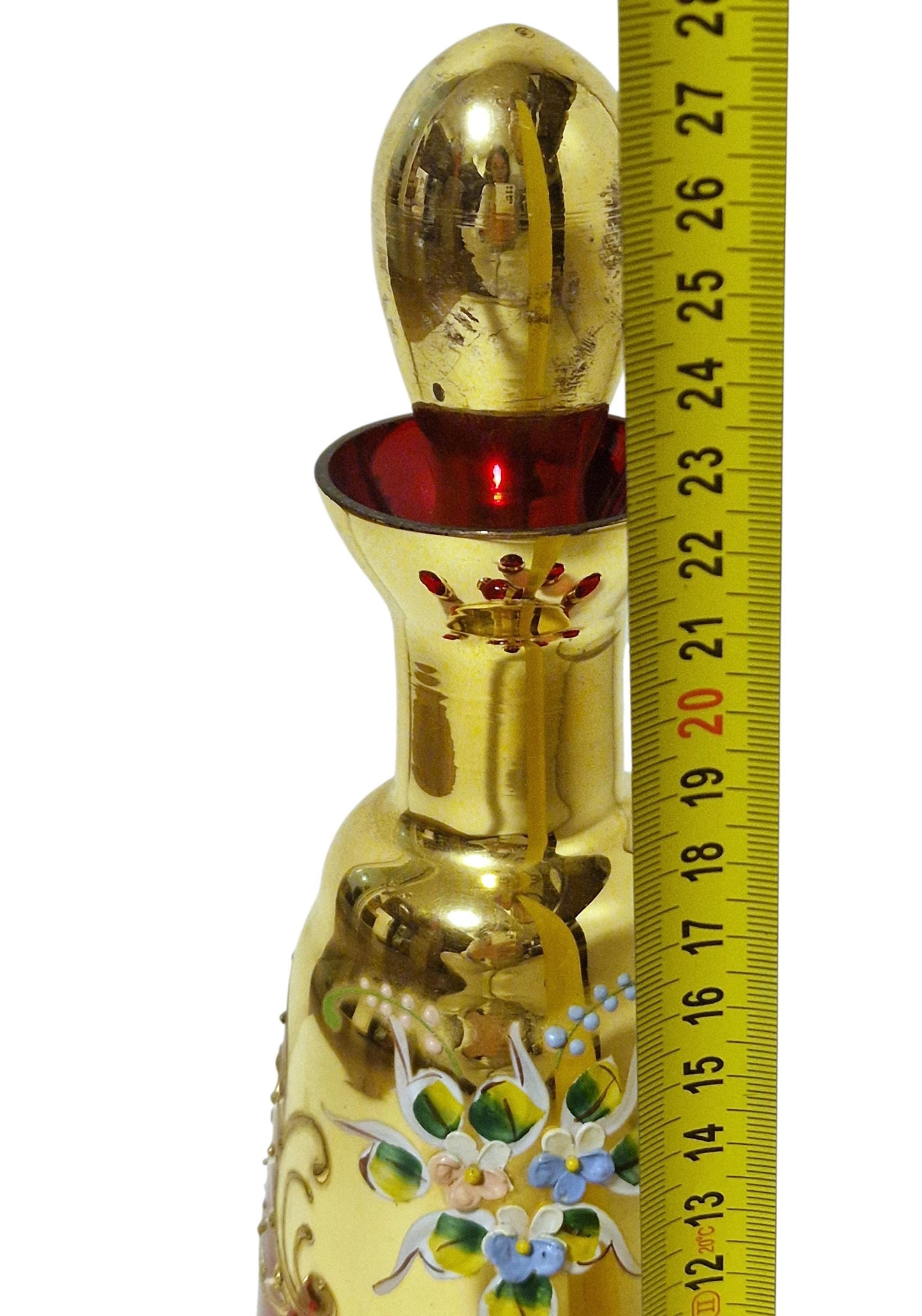 Murano Venetian Decanter & Glasses Set, 24K Gold ruby red Hand-Painted Liquor Carafe, Mid-Century Italy