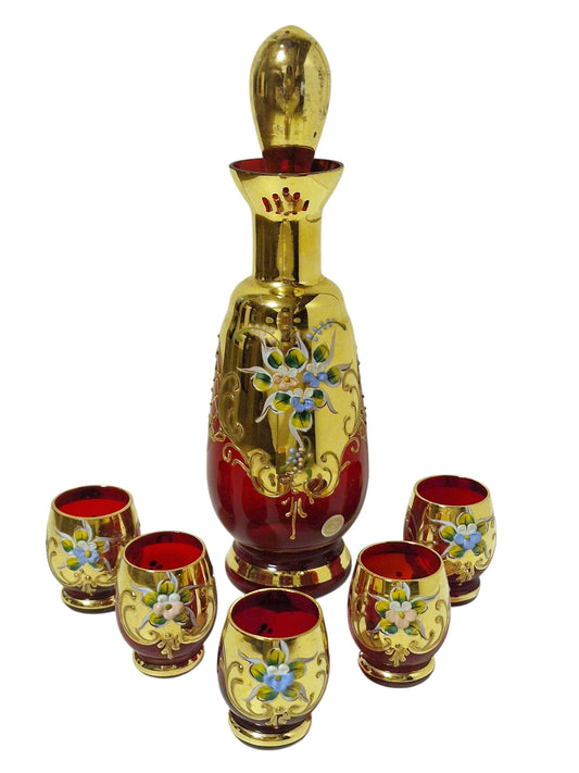 Murano Venetian Decanter & Glasses Set, 24K Gold ruby red Hand-Painted Liquor Carafe, Mid-Century Italy