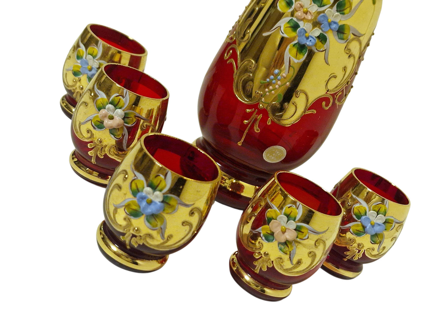 Murano Venetian Decanter & Glasses Set, 24K Gold ruby red Hand-Painted Liquor Carafe, Mid-Century Italy
