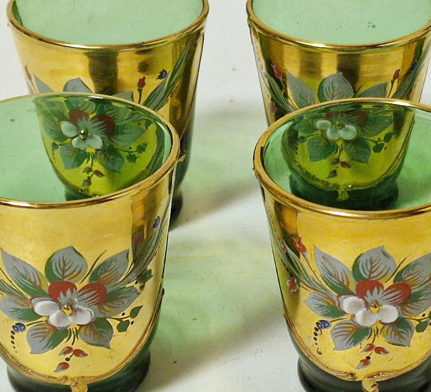 Murano Liqueur Glasses, Emerald Green Floral Tre Fuochi Gold, Set of 6