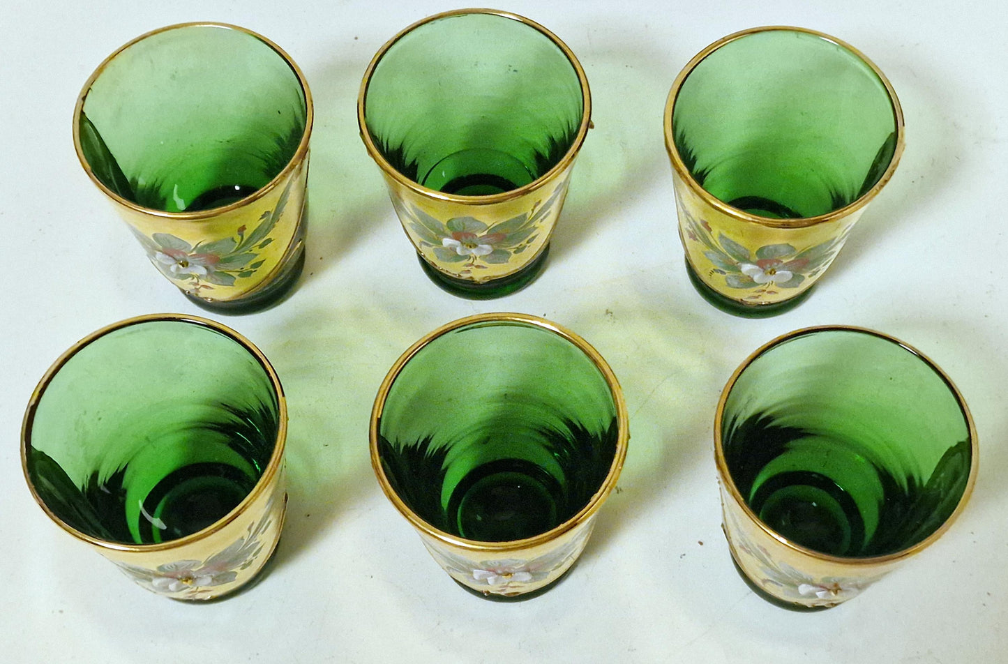 Murano Liqueur Glasses, Emerald Green Floral Tre Fuochi Gold, Set of 6