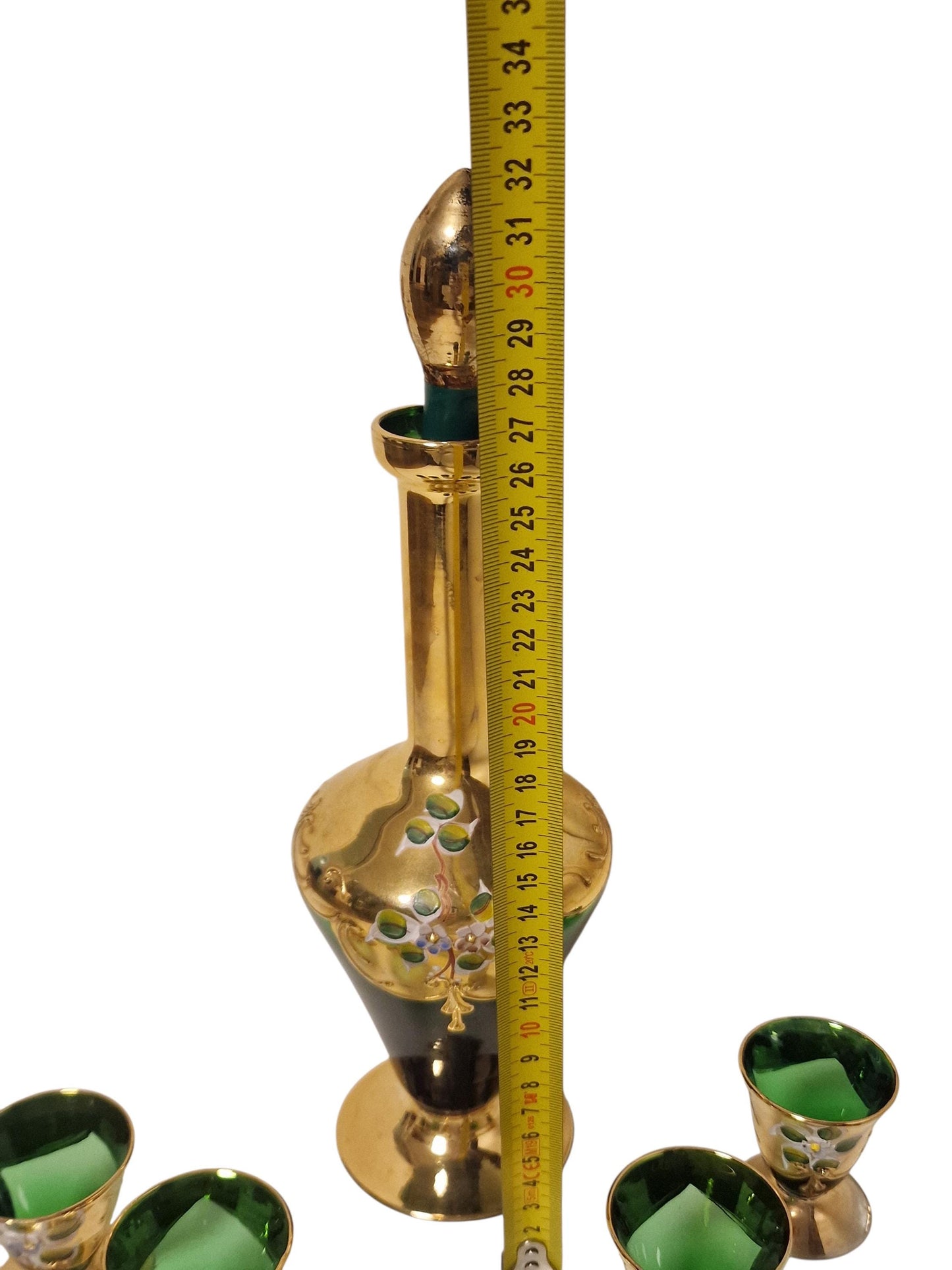Murano Emerald Green Liqueur Set, Venetian Tre Fuochi Gold, Mid-Century