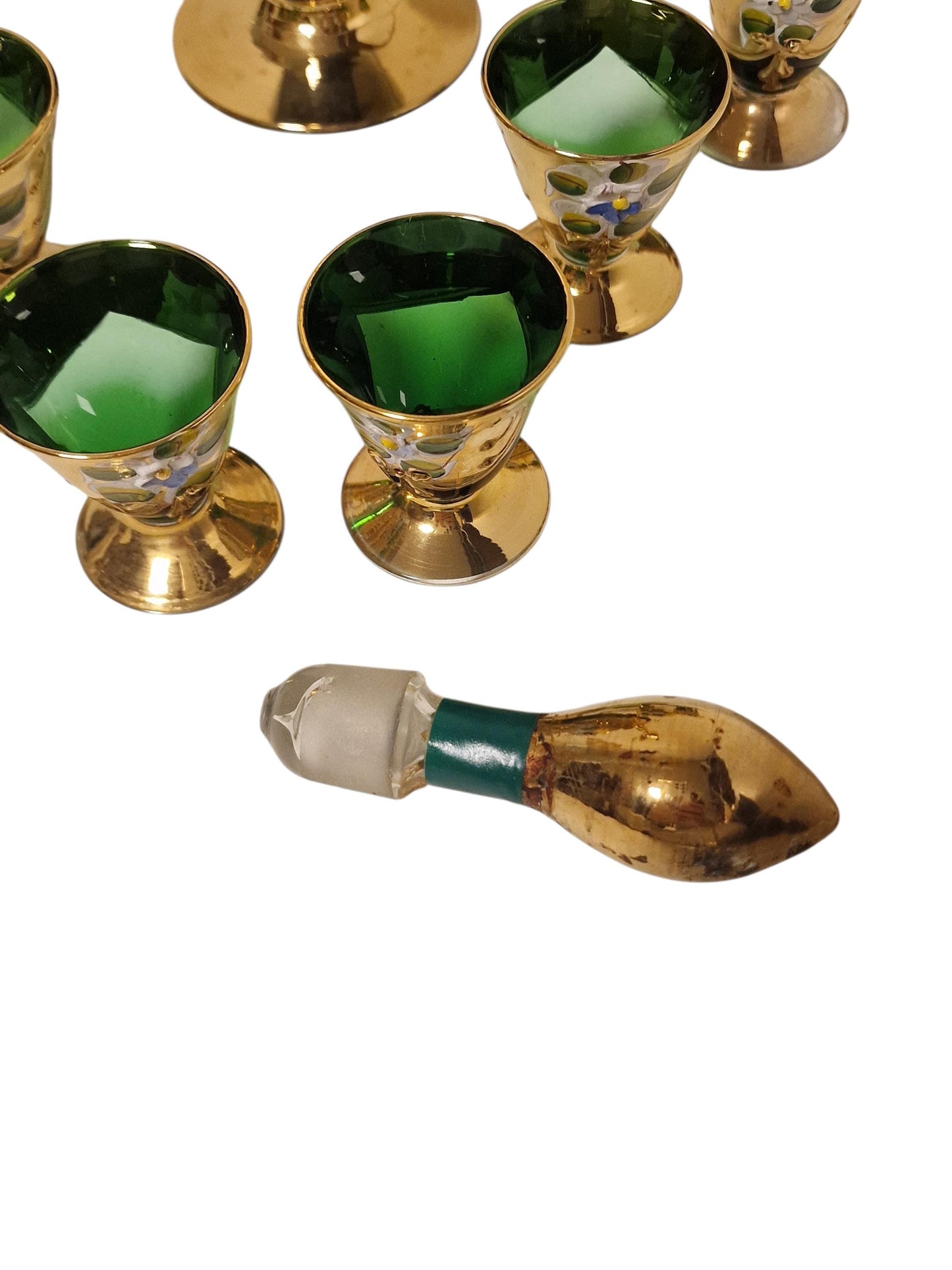 Murano Emerald Green Liqueur Set, Venetian Tre Fuochi Gold, Mid-Century