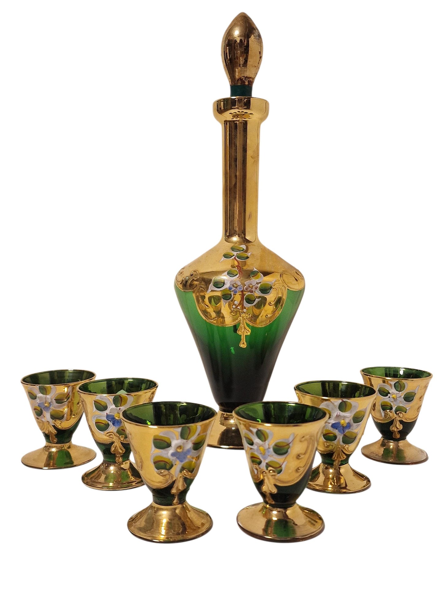 Murano Emerald Green Liqueur Set, Venetian Tre Fuochi Gold, Mid-Century