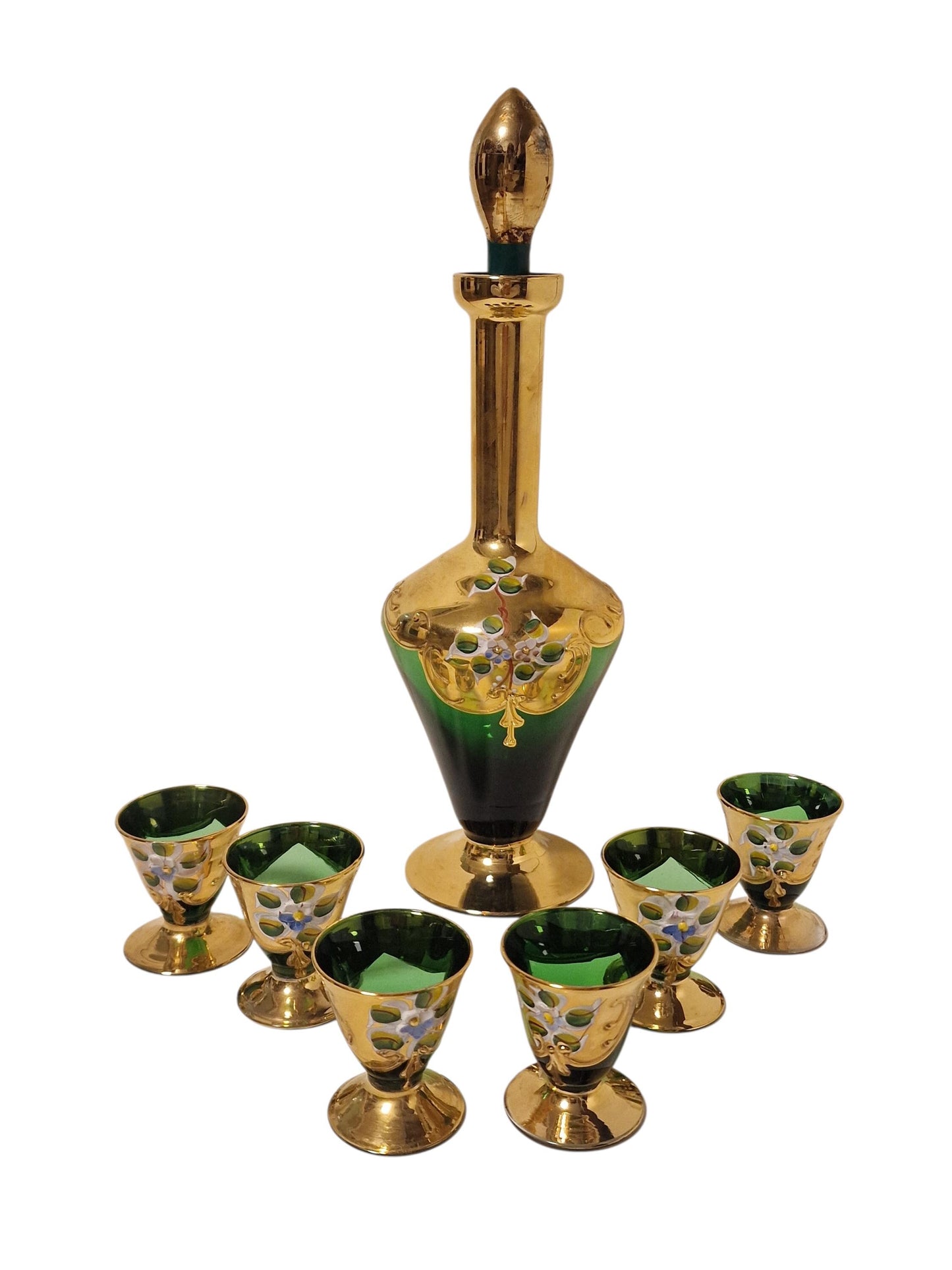 Murano Emerald Green Liqueur Set, Venetian Tre Fuochi Gold, Mid-Century