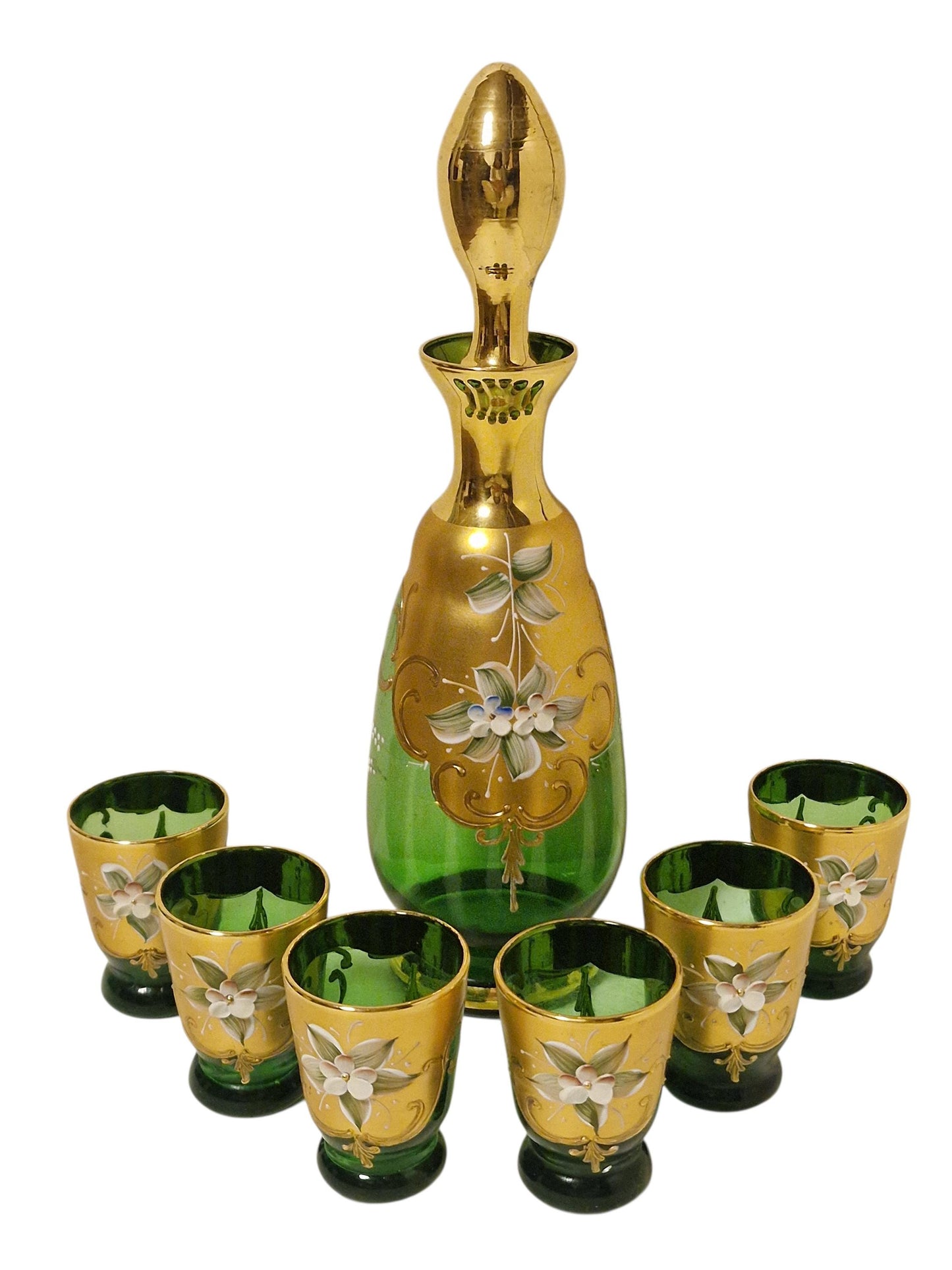 Murano Glass Liqueur Set, Emerald Green Carafe, Venetian Tre Fuochi Gold, MCM
