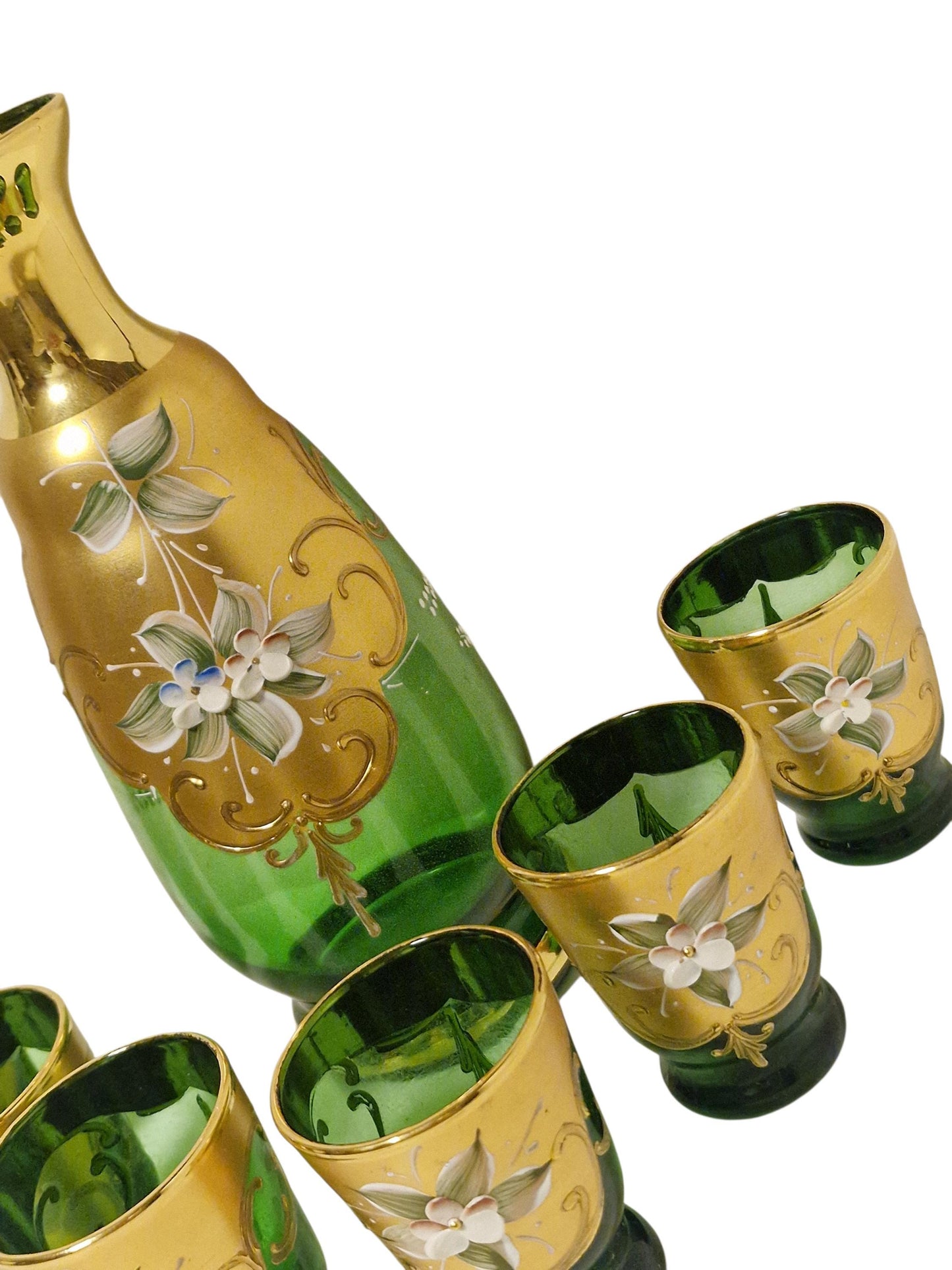Murano Glass Liqueur Set, Emerald Green Carafe, Venetian Tre Fuochi Gold, MCM