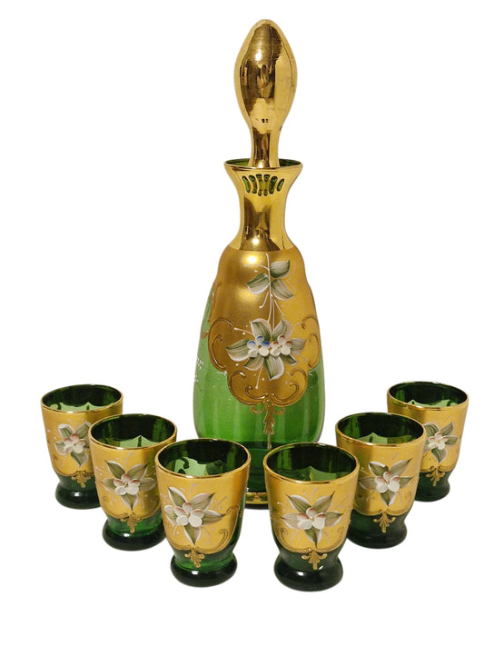 Murano Glass Liqueur Set, Emerald Green Carafe, Venetian Tre Fuochi Gold, MCM
