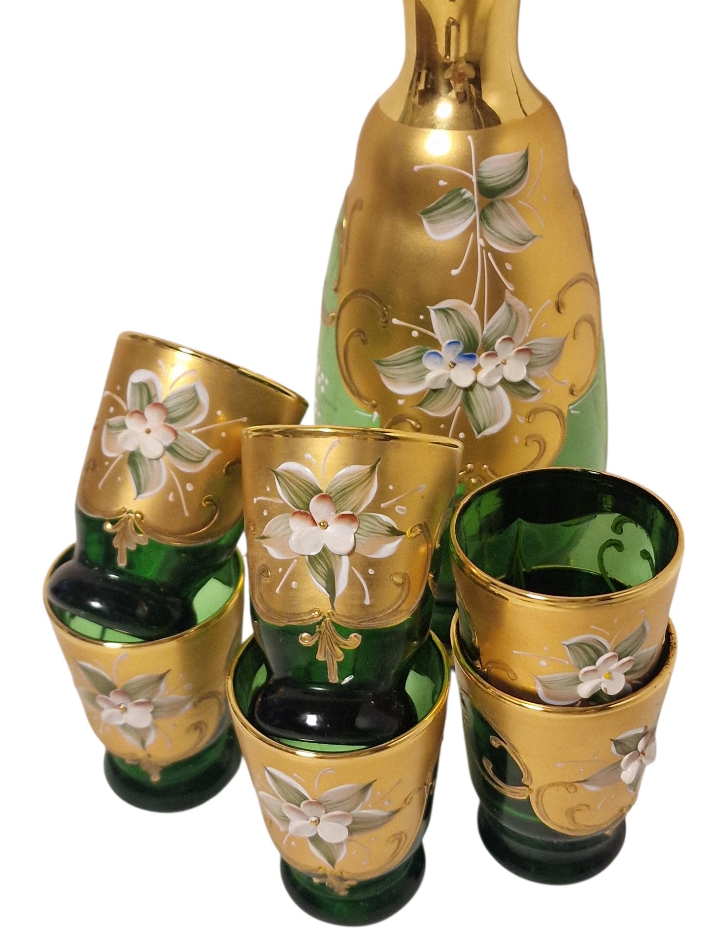 Murano Glass Liqueur Set, Emerald Green Carafe, Venetian Tre Fuochi Gold, MCM