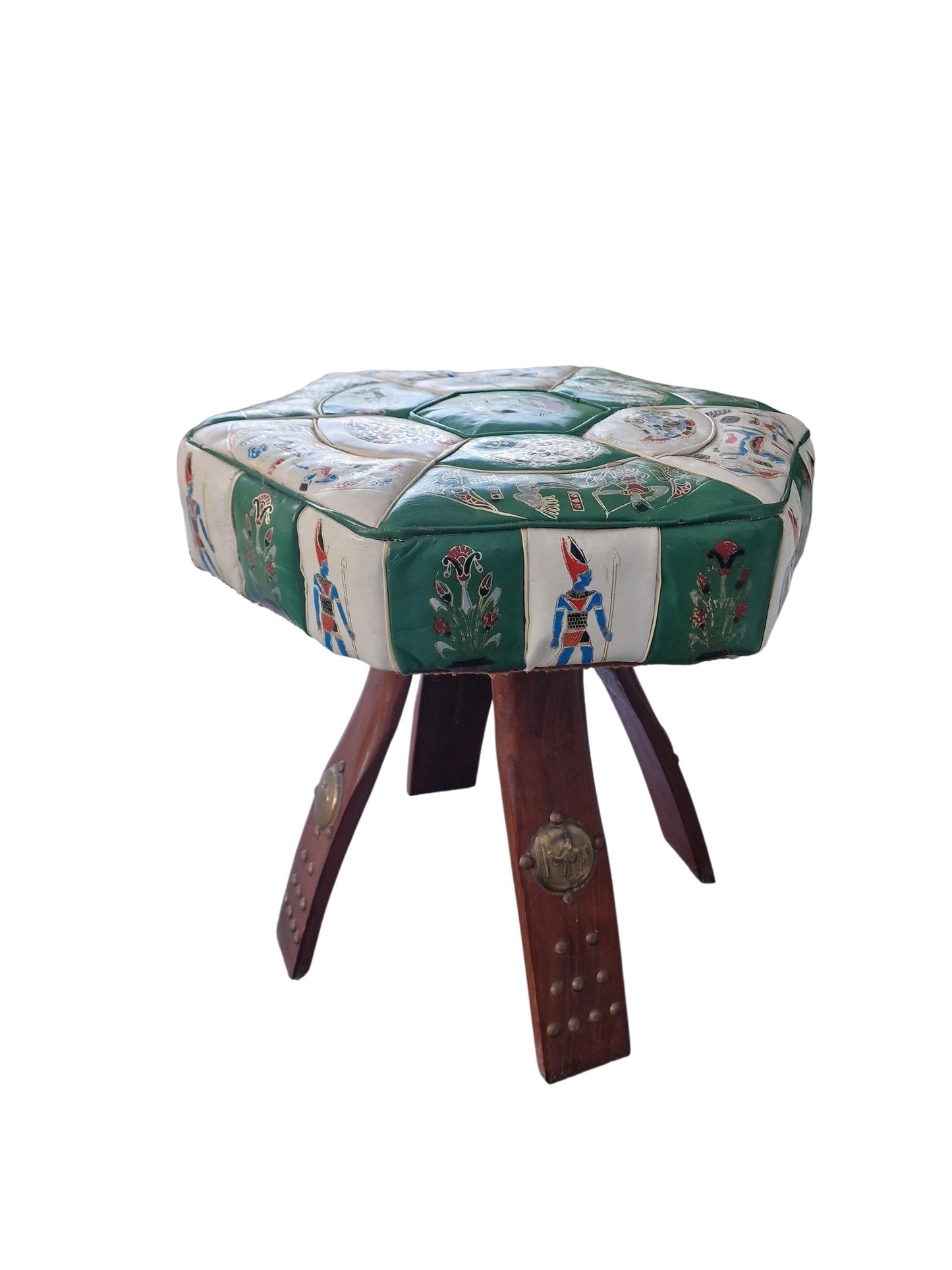 Vintage Leather stool: Eclectic Boho Egyptian Style kruk ottoman