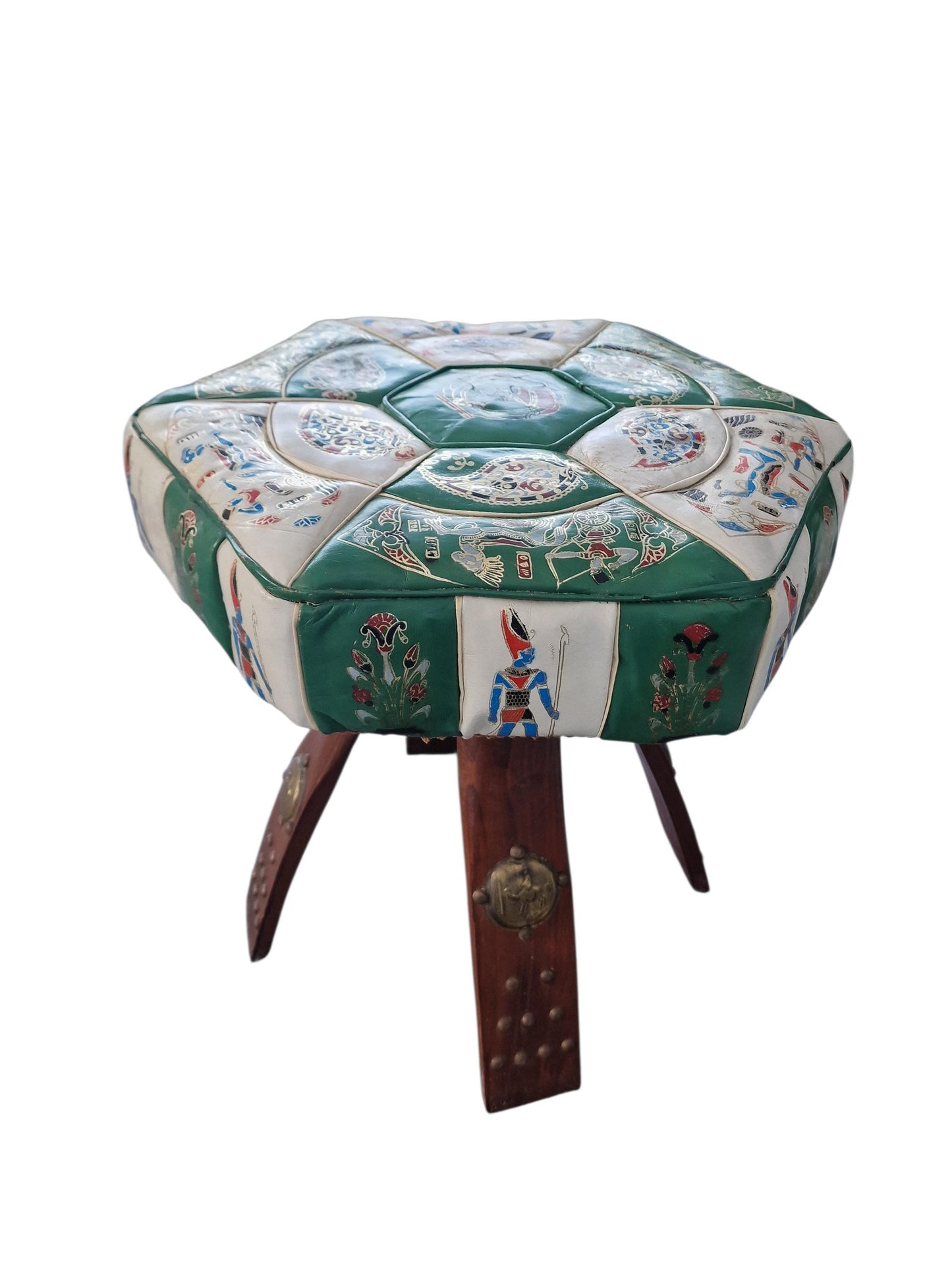 Vintage Leather stool: Eclectic Boho Egyptian Style kruk ottoman