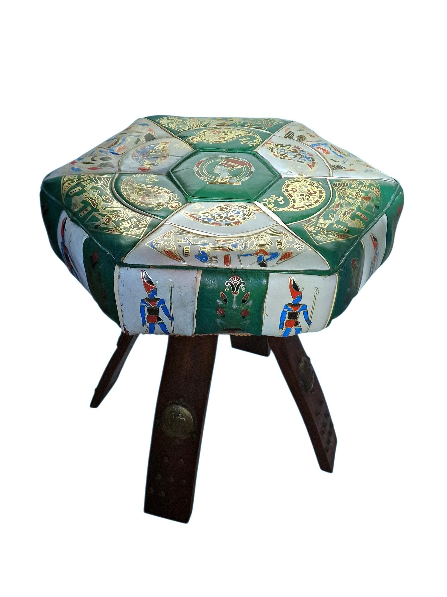 Vintage Leather stool: Eclectic Boho Egyptian Style kruk ottoman