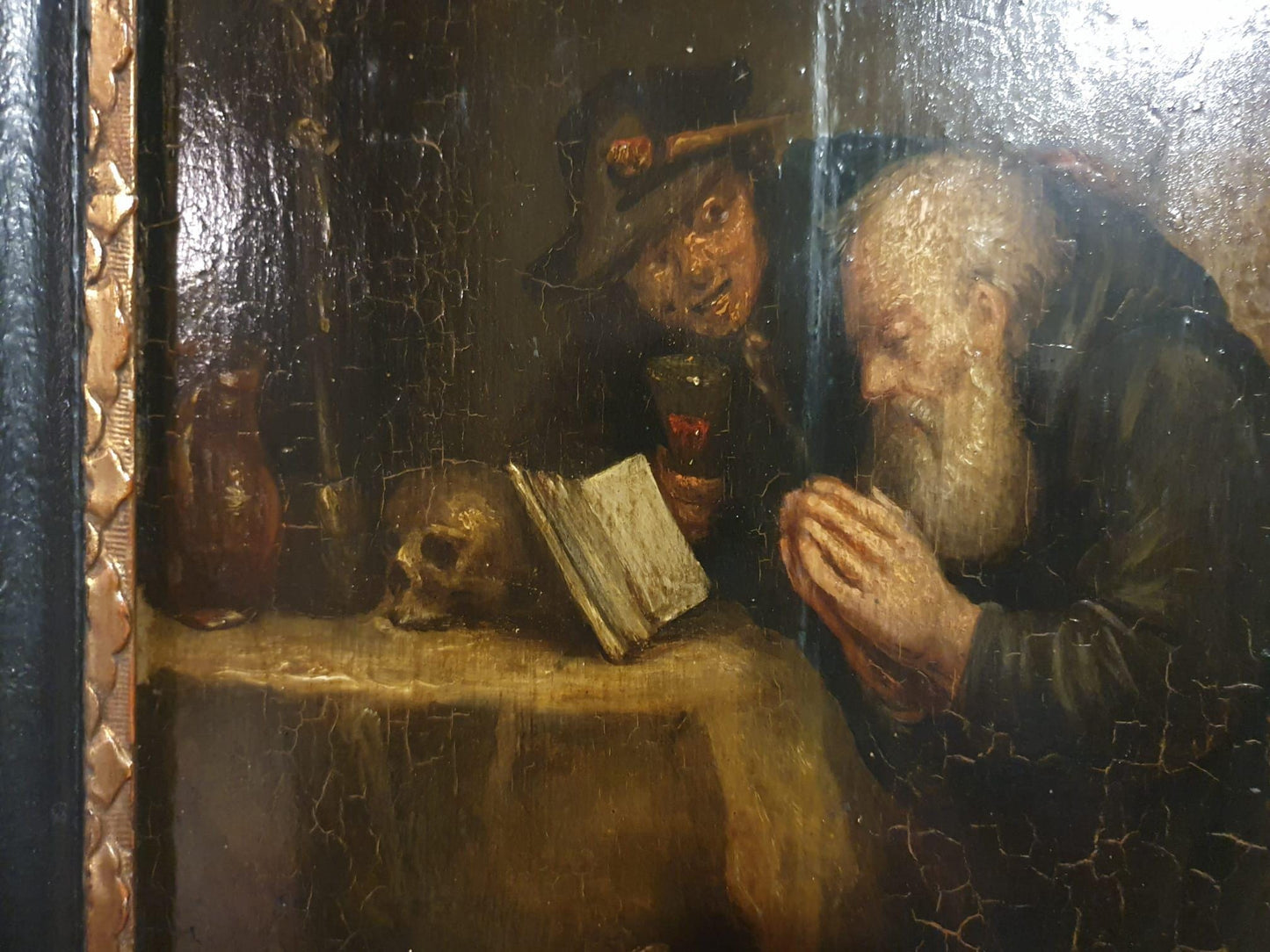 17th Century Dutch Vanitas Oil Painting, Praying Clergyman, Skull