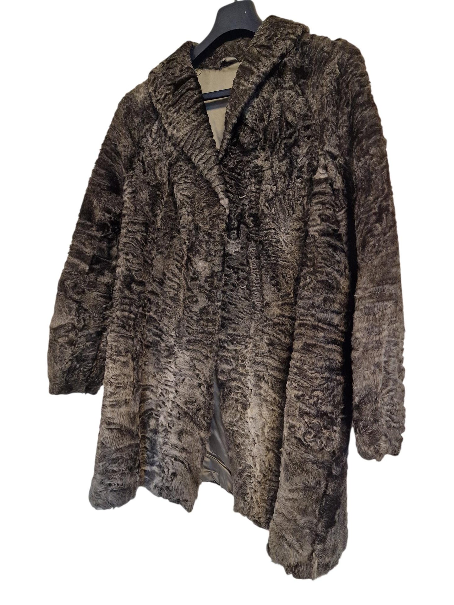 Vintage Karakul Lamb Fur Coat, Grey Brown Curly Fur, Women's M