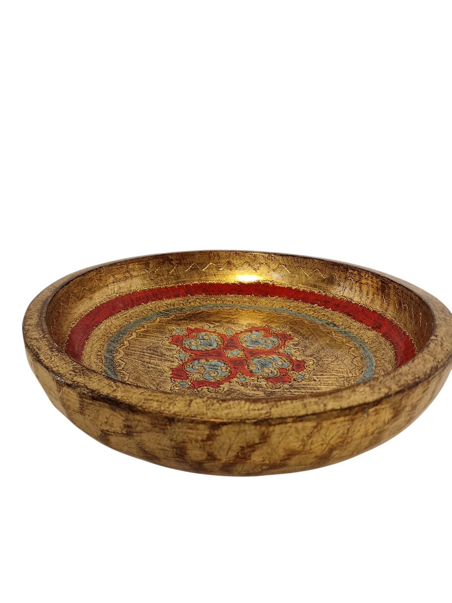 Vintage Florentine Platter Bowl, Gold Red Handpainted Wood, 1960s Firenze