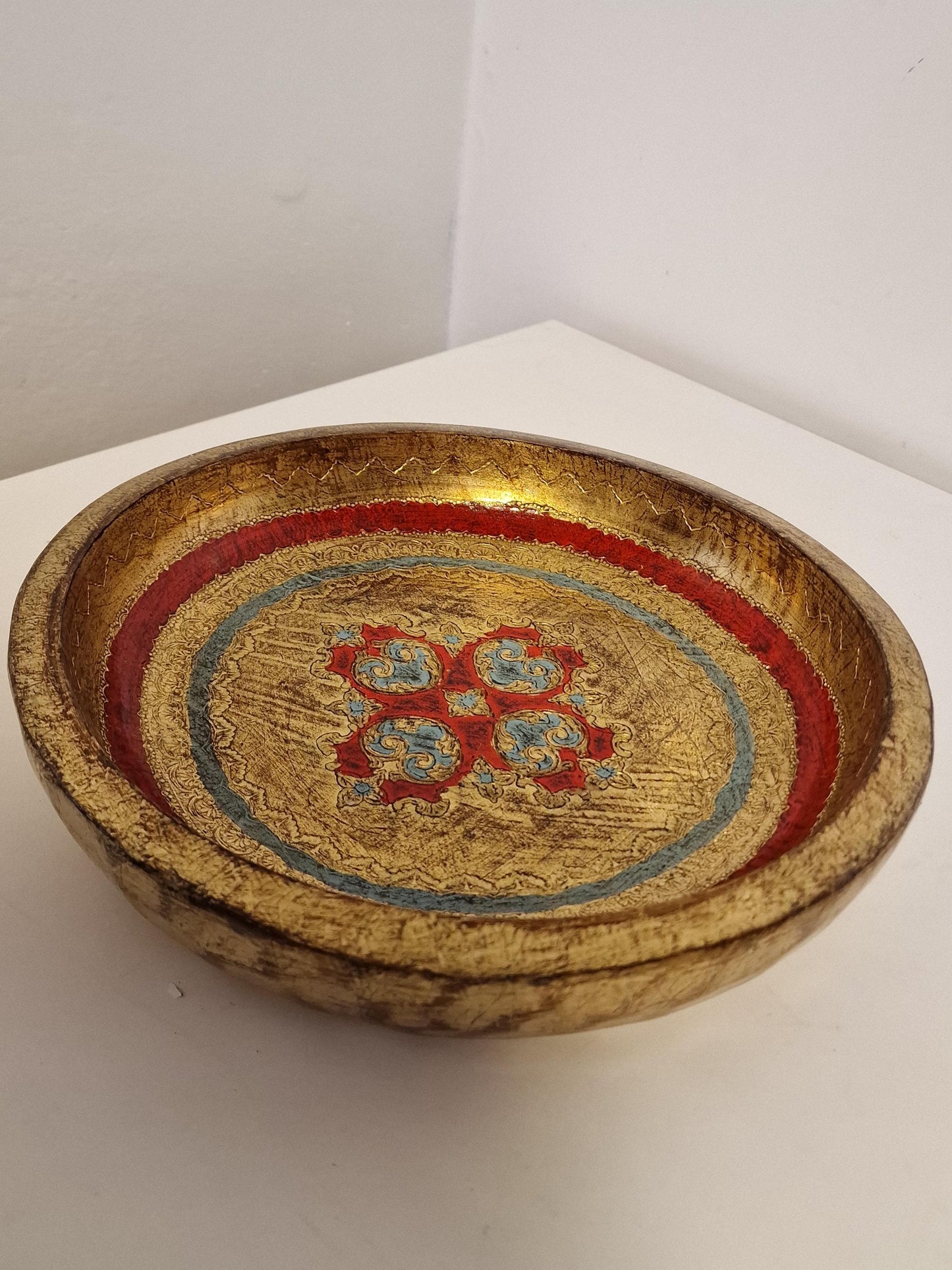 Vintage Florentine Platter Bowl, Gold Red Handpainted Wood, 1960s Firenze