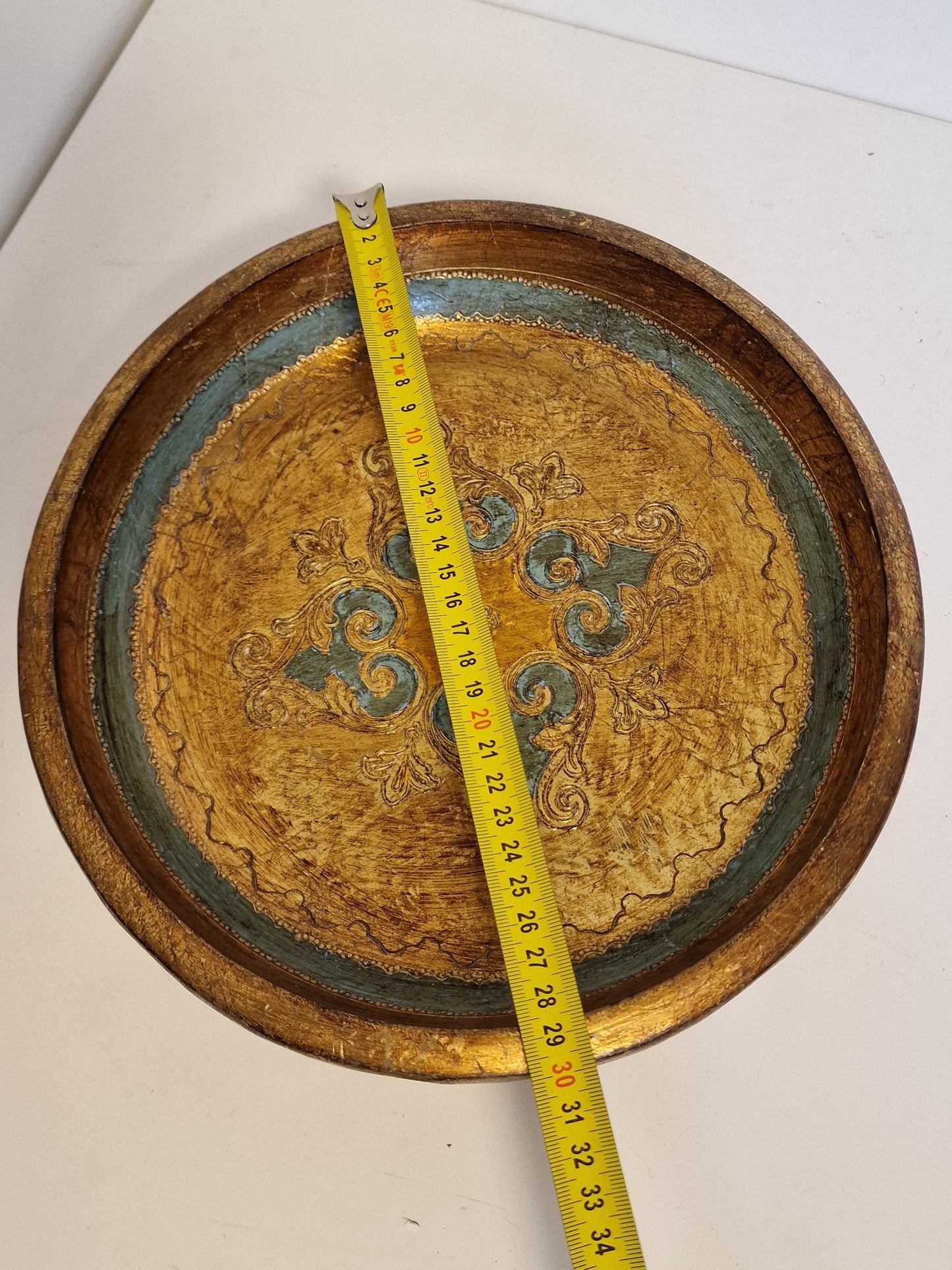 Large Vintage Florentine Platter Bowl, Gold Handpainted Wood, 1960s