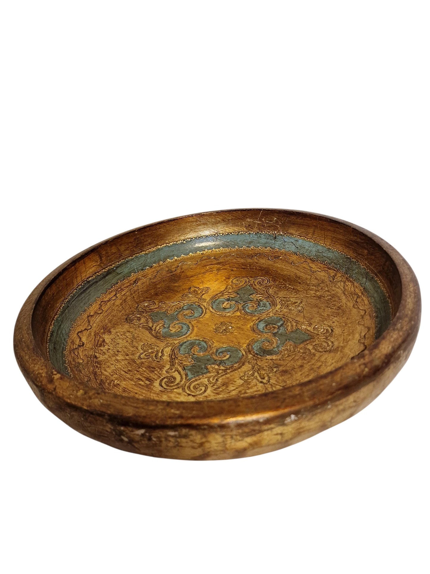 Large Vintage Florentine Platter Bowl, Gold Handpainted Wood, 1960s