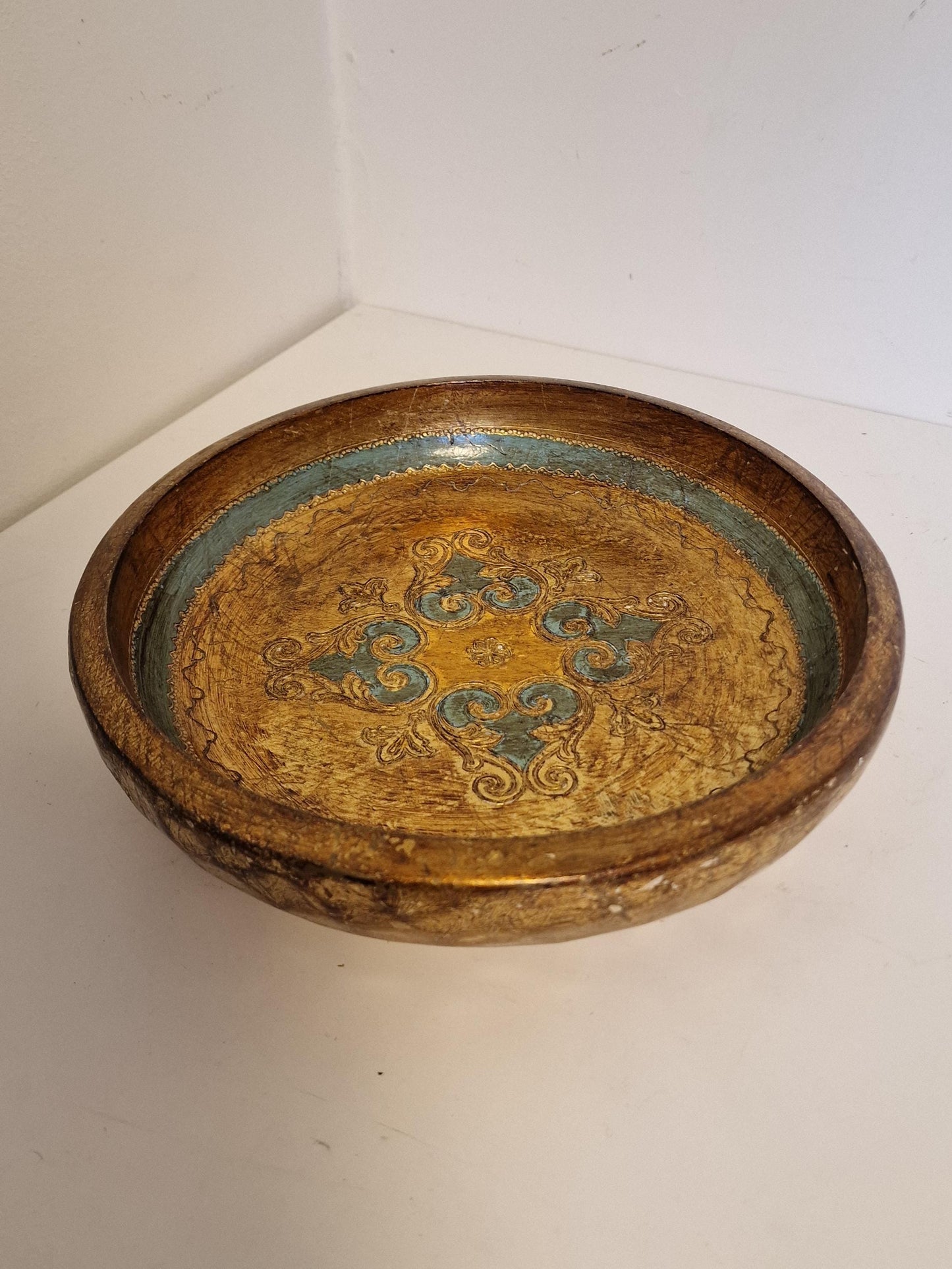 Large Vintage Florentine Platter Bowl, Gold Handpainted Wood, 1960s
