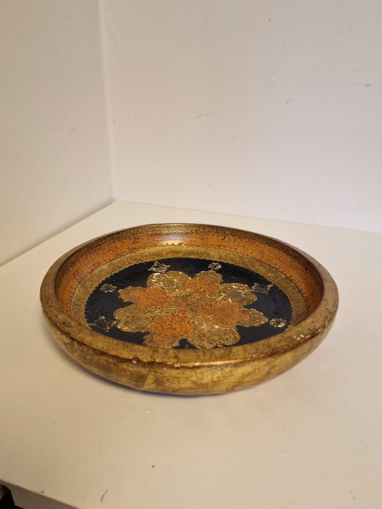 Large Vintage Florentine Gold Platter Bowl, Handpainted Wood, 1960s