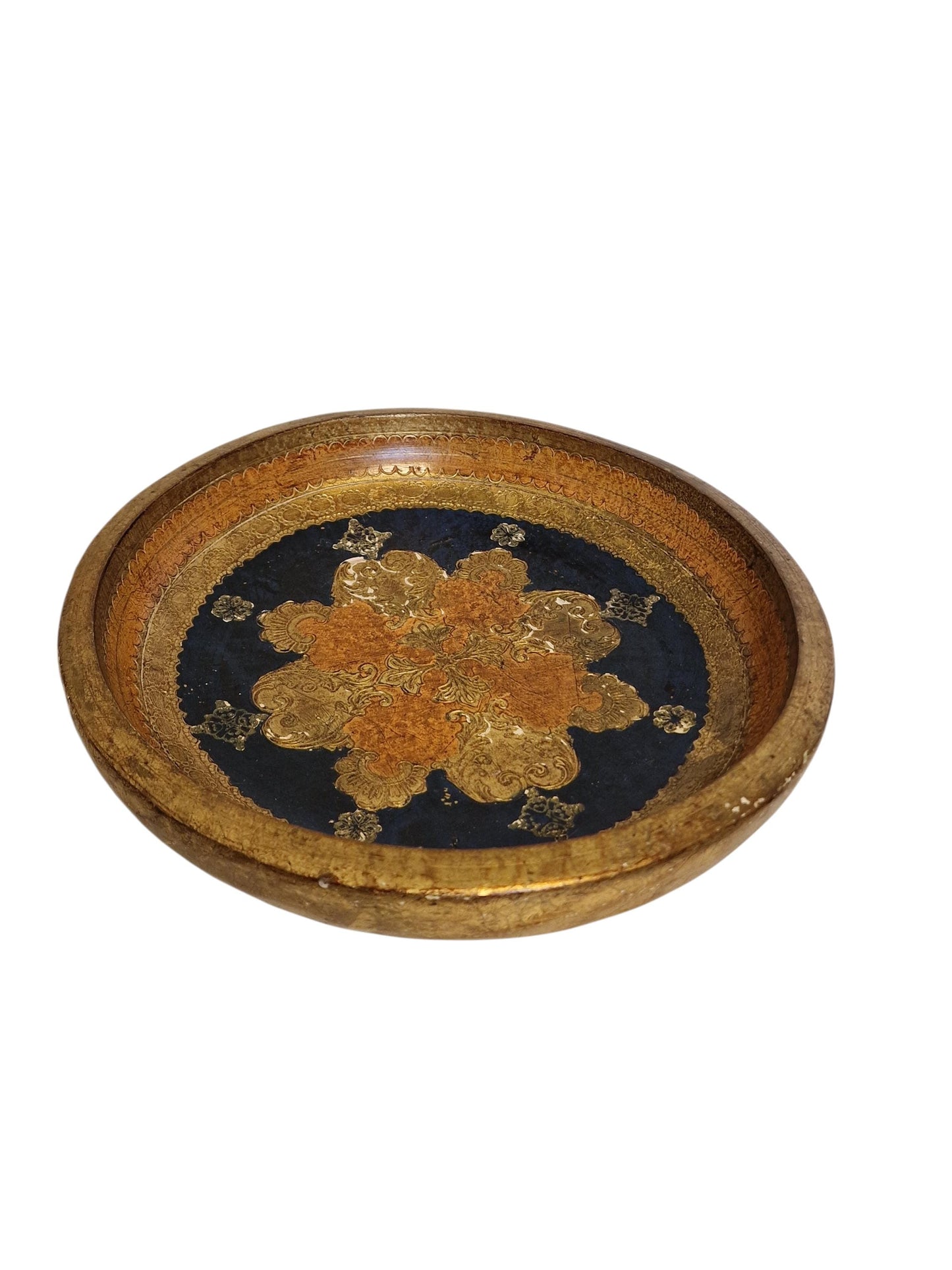 Large Vintage Florentine Gold Platter Bowl, Handpainted Wood, 1960s