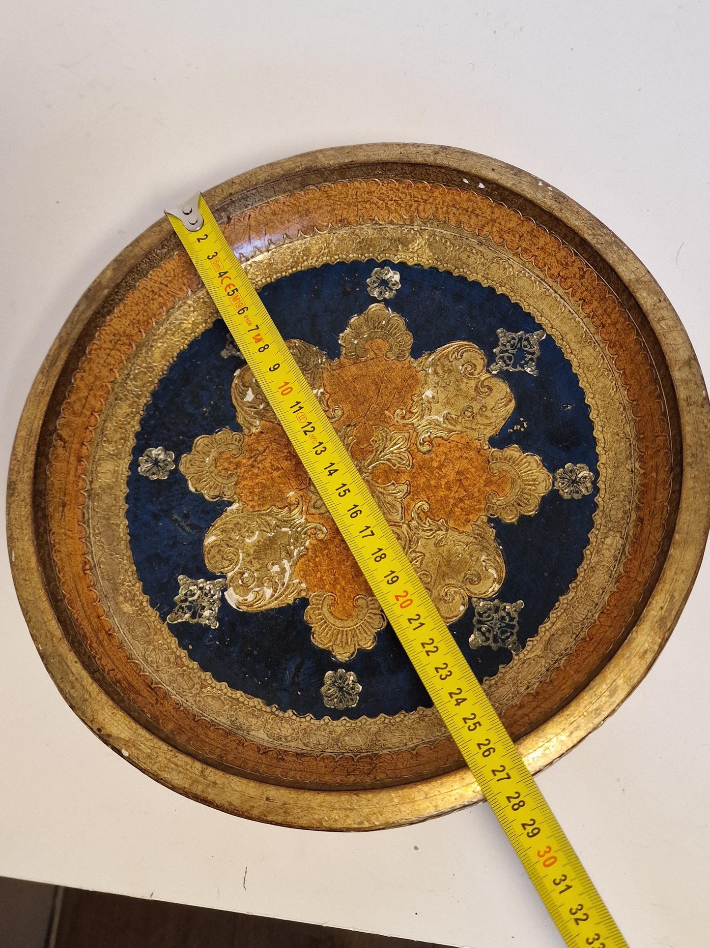 Large Vintage Florentine Gold Platter Bowl, Handpainted Wood, 1960s