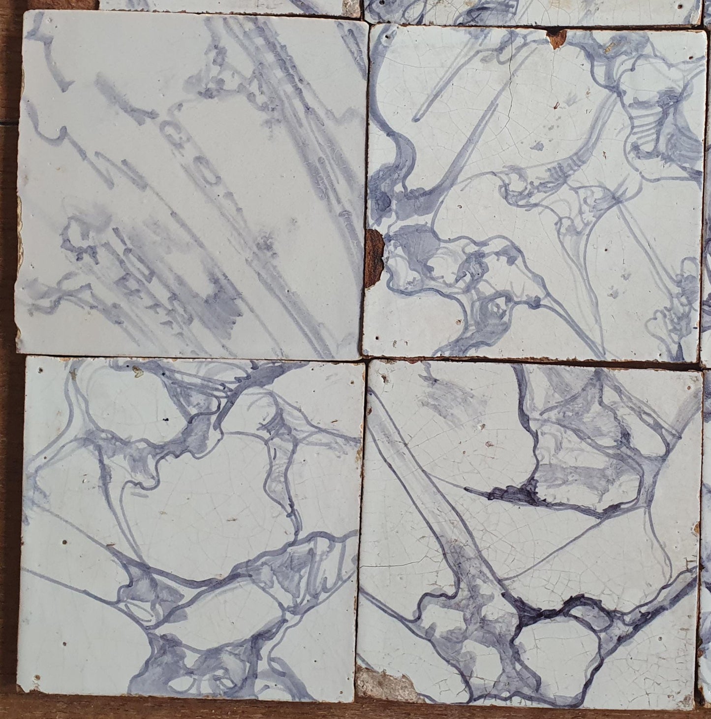 Antique Delft Tiles, Marbled White, Dutch Wall Tile Set, 19th Century