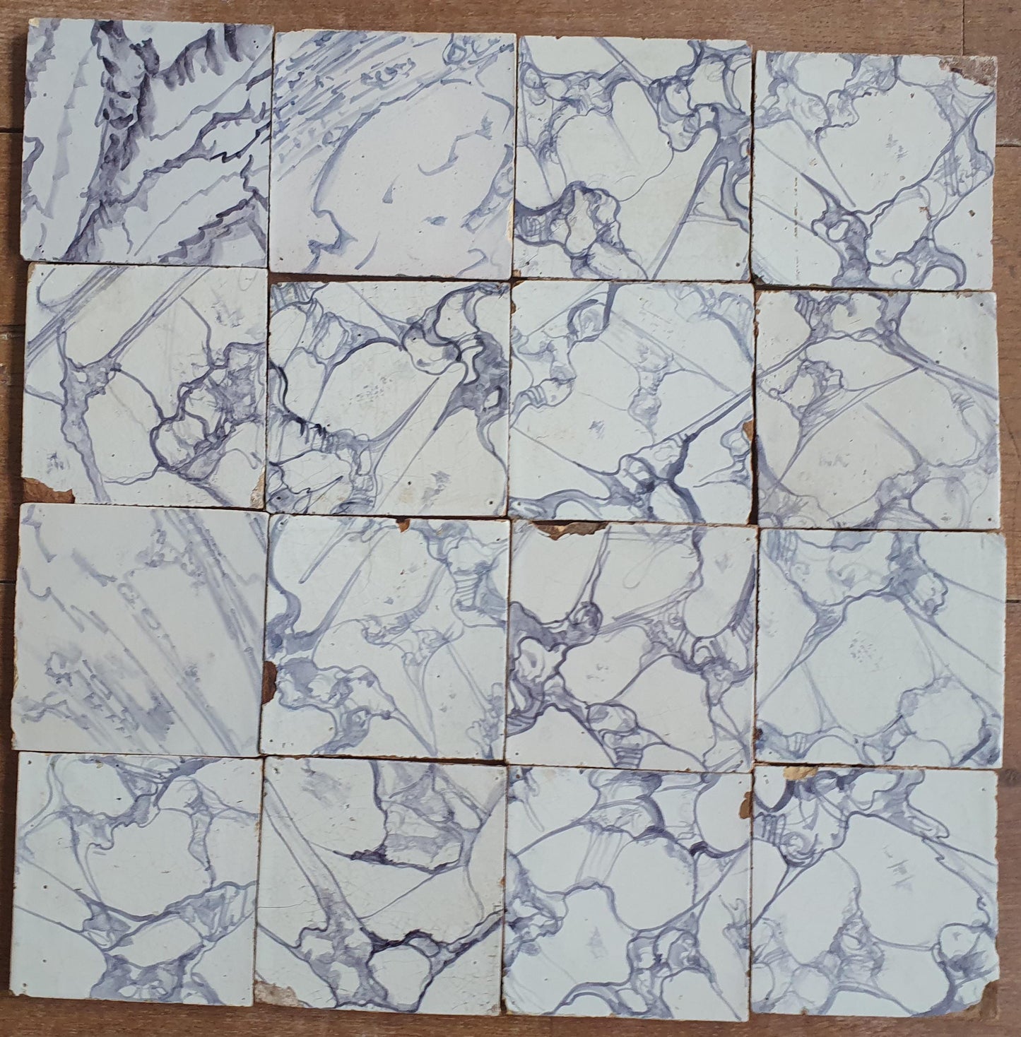 Antique Delft Tiles, Marbled White, Dutch Wall Tile Set, 19th Century