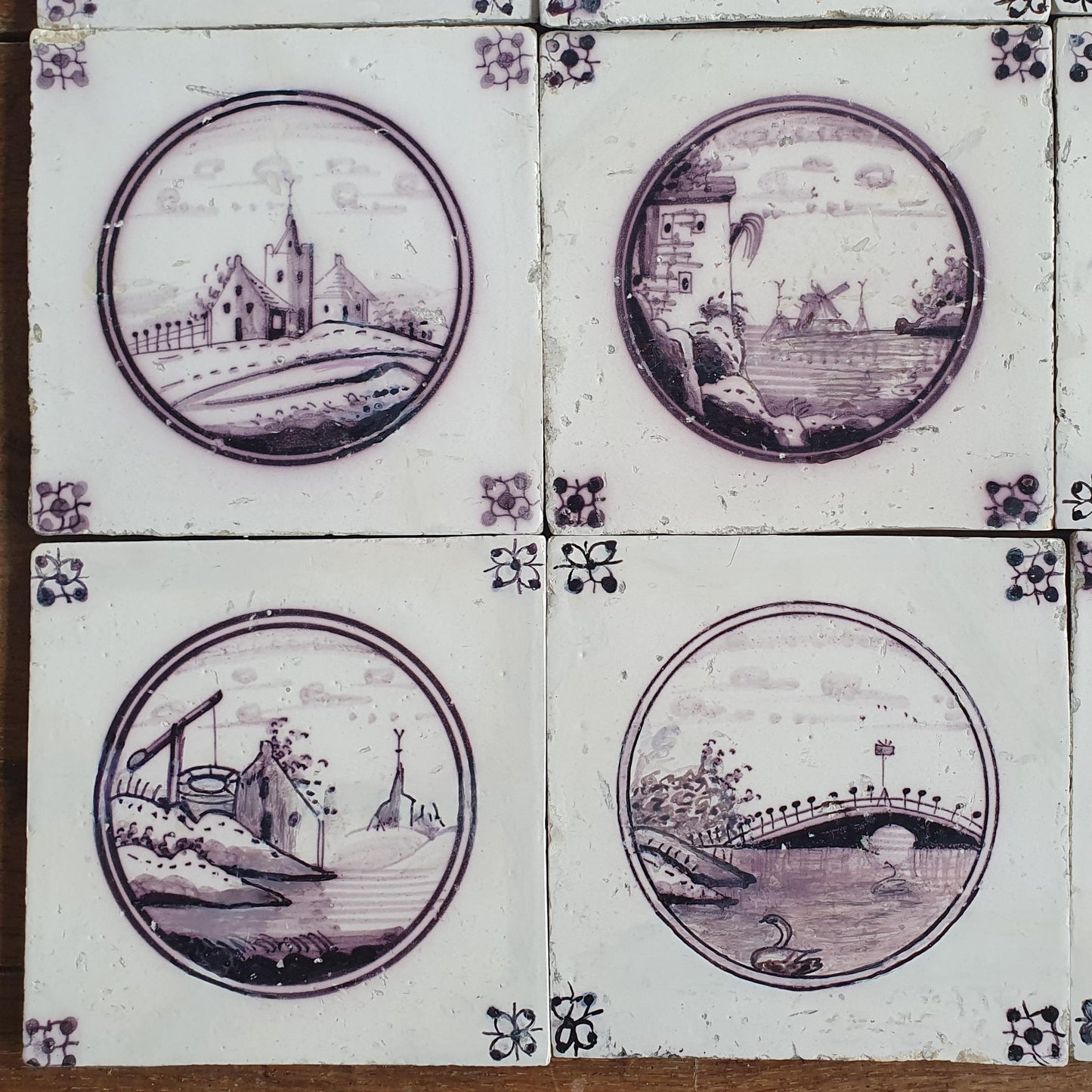Antique Delft Tile Set, 19th Century Dutch Landscape, Restored