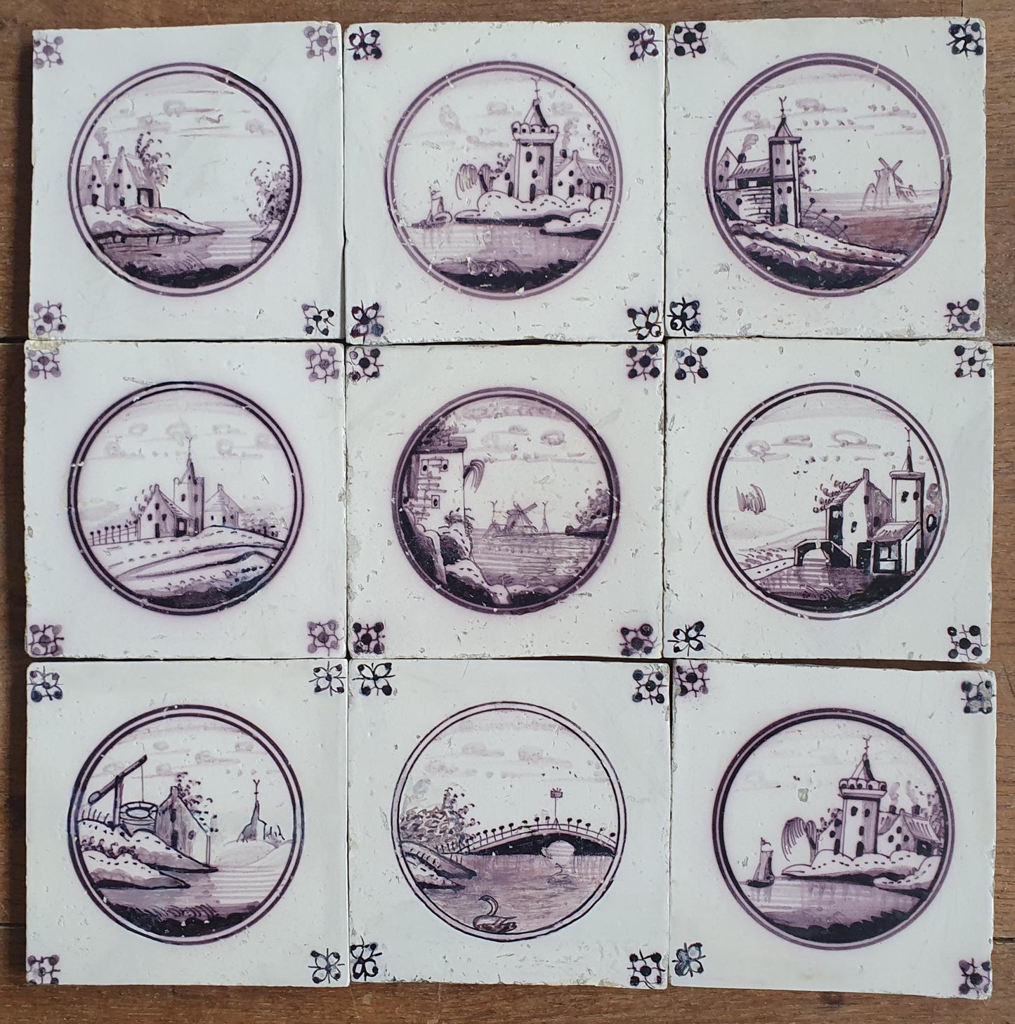 Antique Delft Tile Set, 19th Century Dutch Landscape, Restored