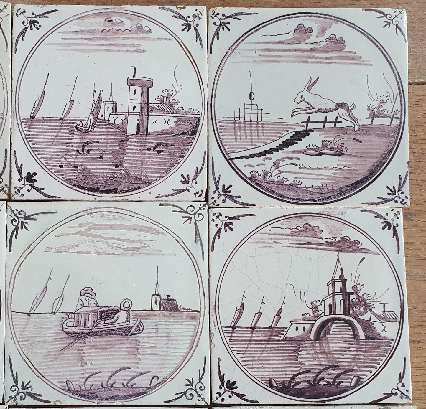 Antique Delft Tile Panel, 18th Century Dutch Landscape Tiles, Set of 9