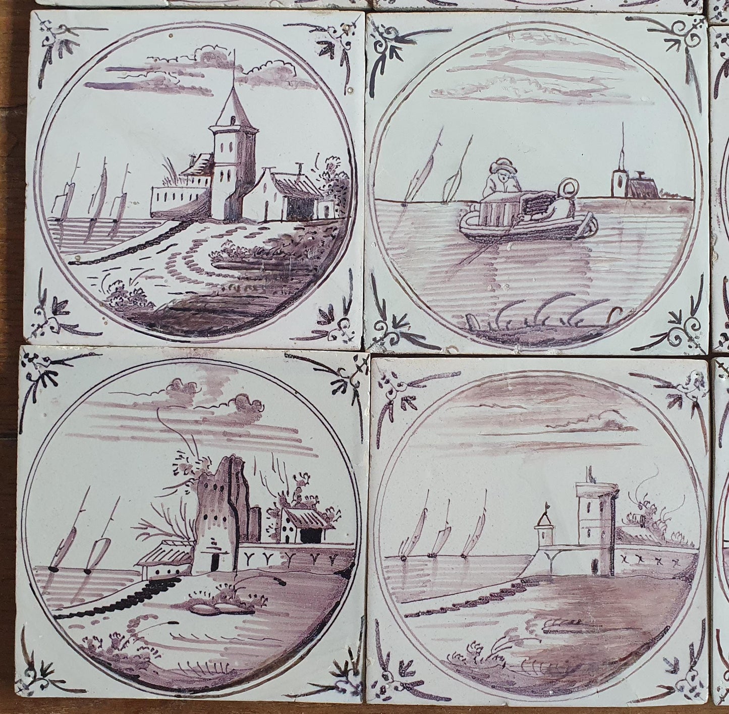 Antique Delft Tile Panel, 18th Century Dutch Landscape Tiles, Set of 9