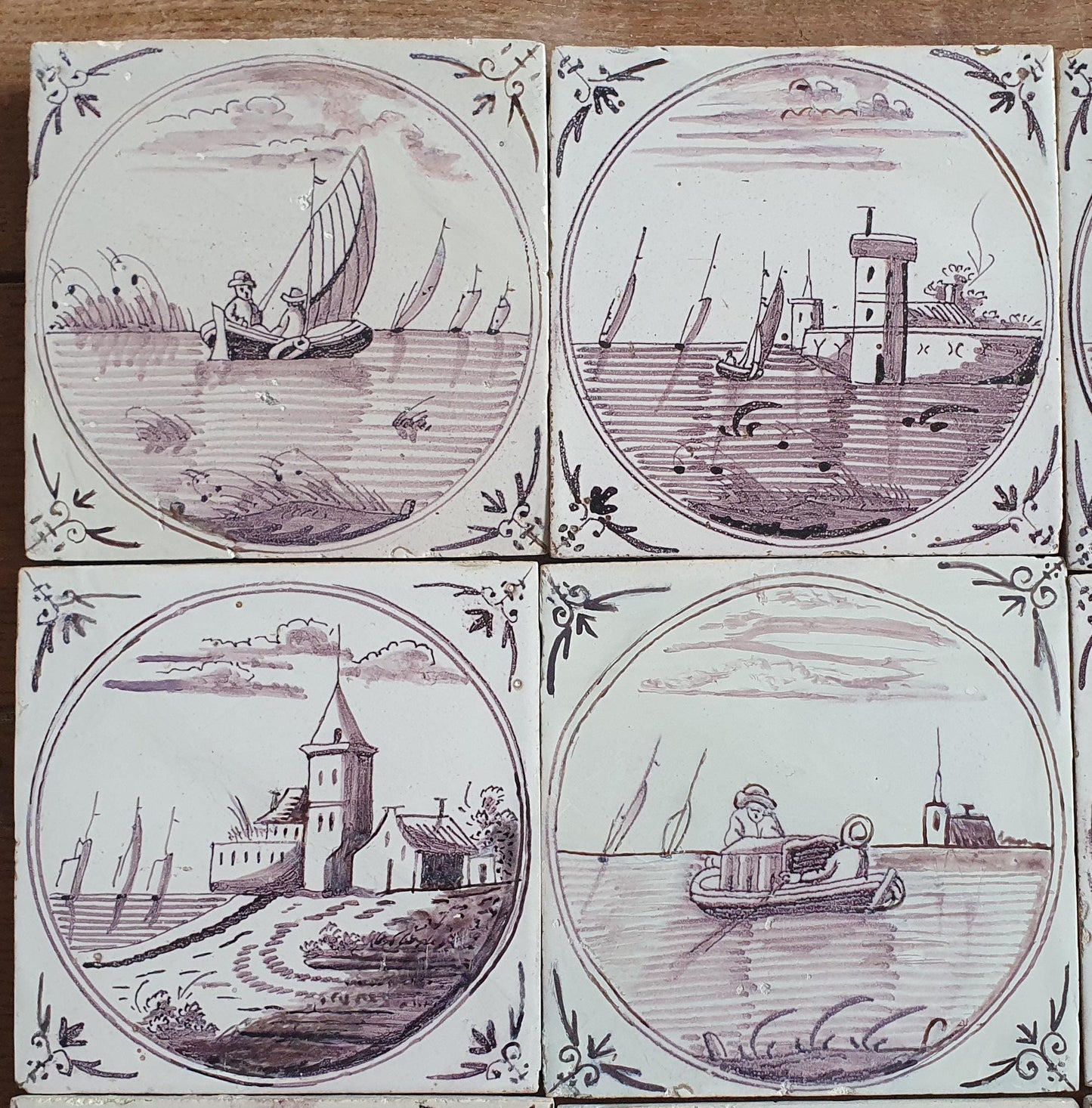 Antique Delft Tile Panel, 18th Century Dutch Landscape Tiles, Set of 9