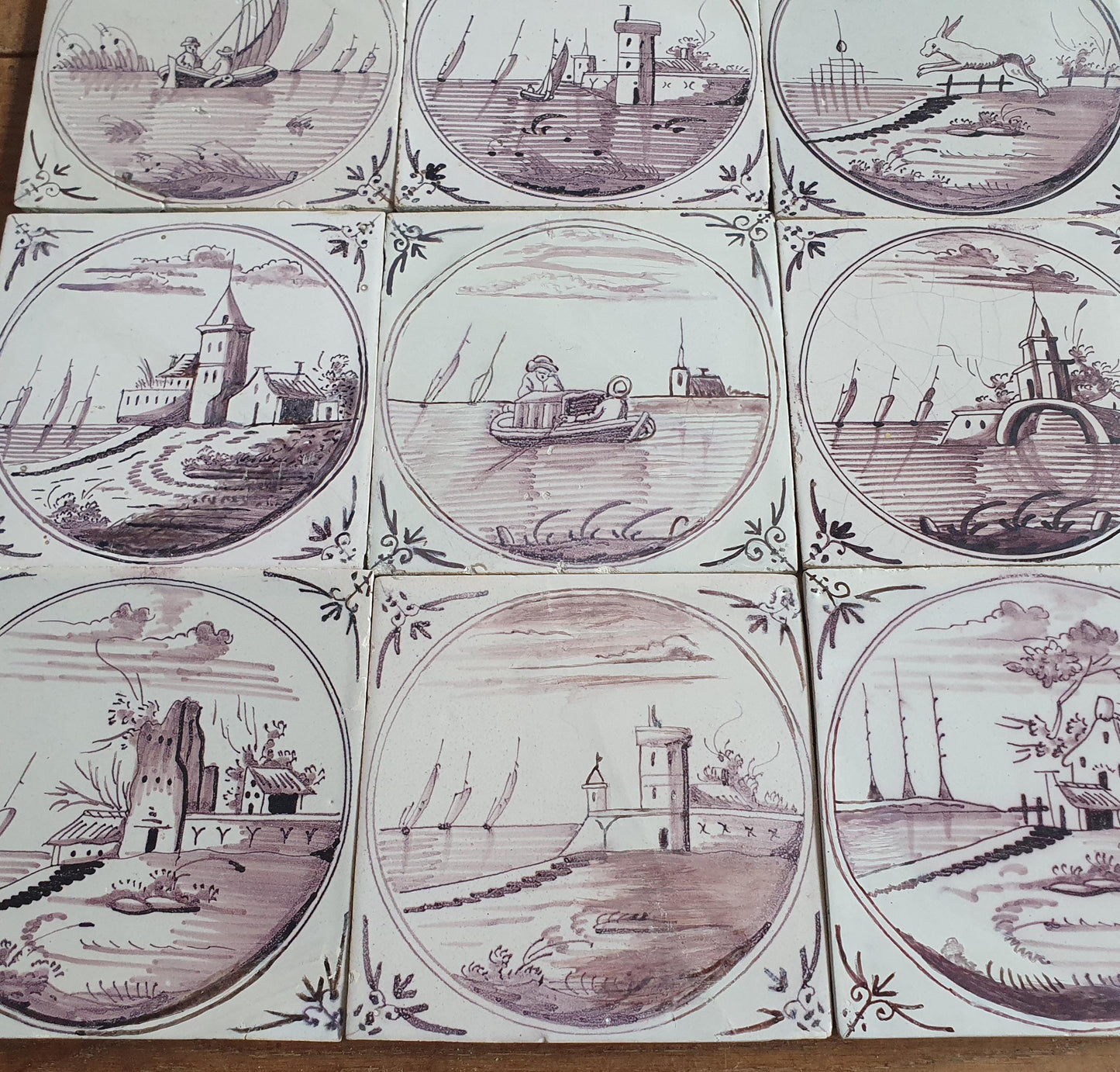 Antique Delft Tile Panel, 18th Century Dutch Landscape Tiles, Set of 9