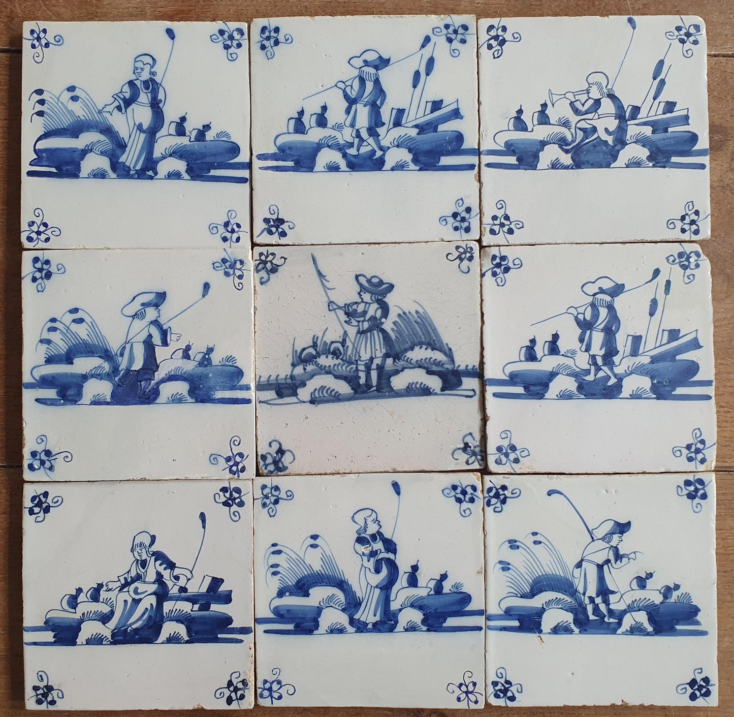 Antique Delft Tiles, 18th Century Dutch Shepherd Scene, Set of 9